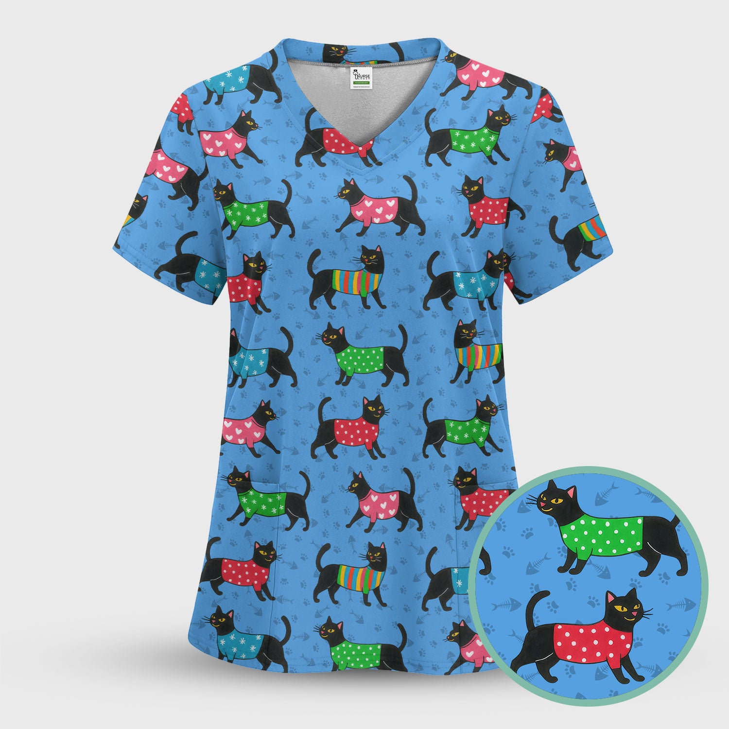 Cat Scrub Top for Women - Cute Black Cat Print Nurse Shirt - Colorful Kitty Medical Scrubs Gift for CNA RN Doctor