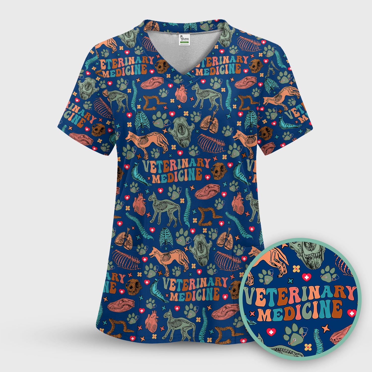 Vet Tech Scrub Top - Veterinary Medicine Pattern - Animal Medical Uniform for Women Nurse Gift
