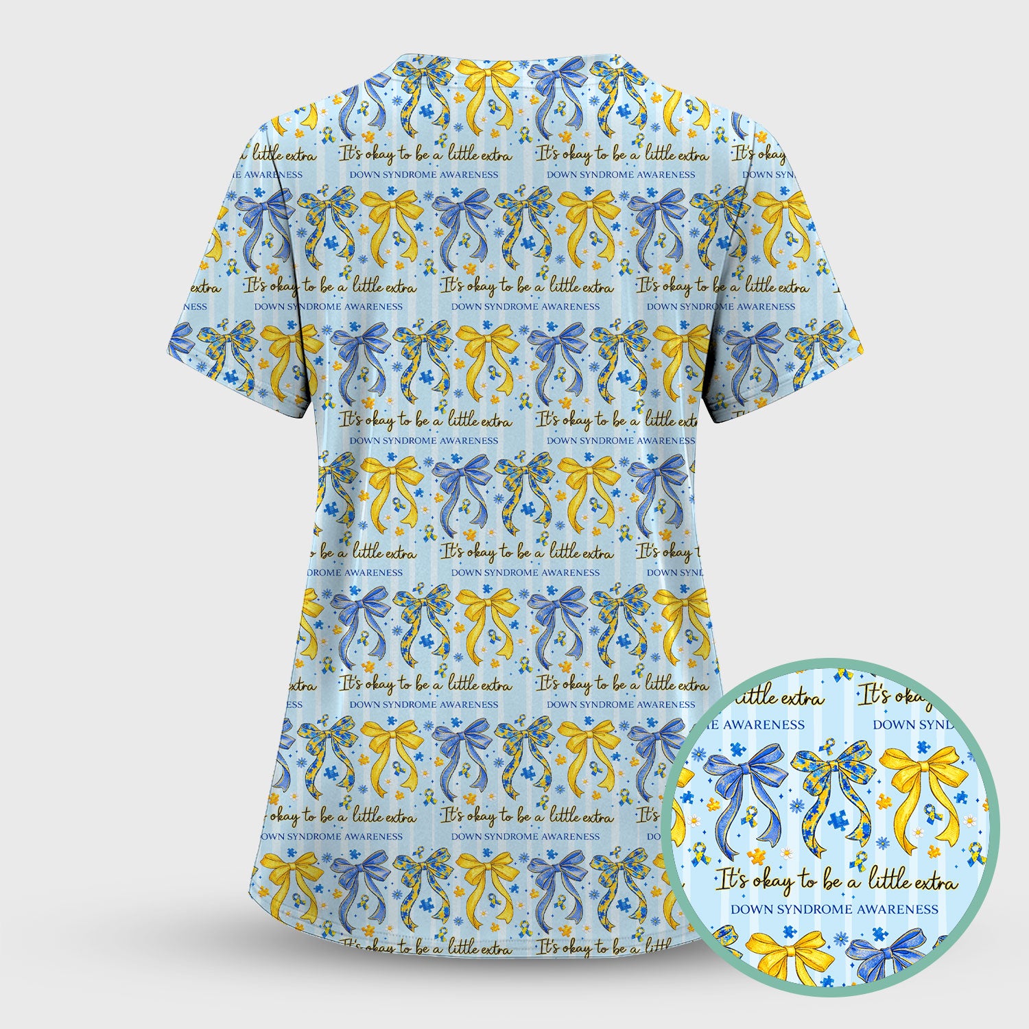 Down Syndrome Awareness Ribbon Pattern Scrub Top Comfortable Nurse Workwear Top