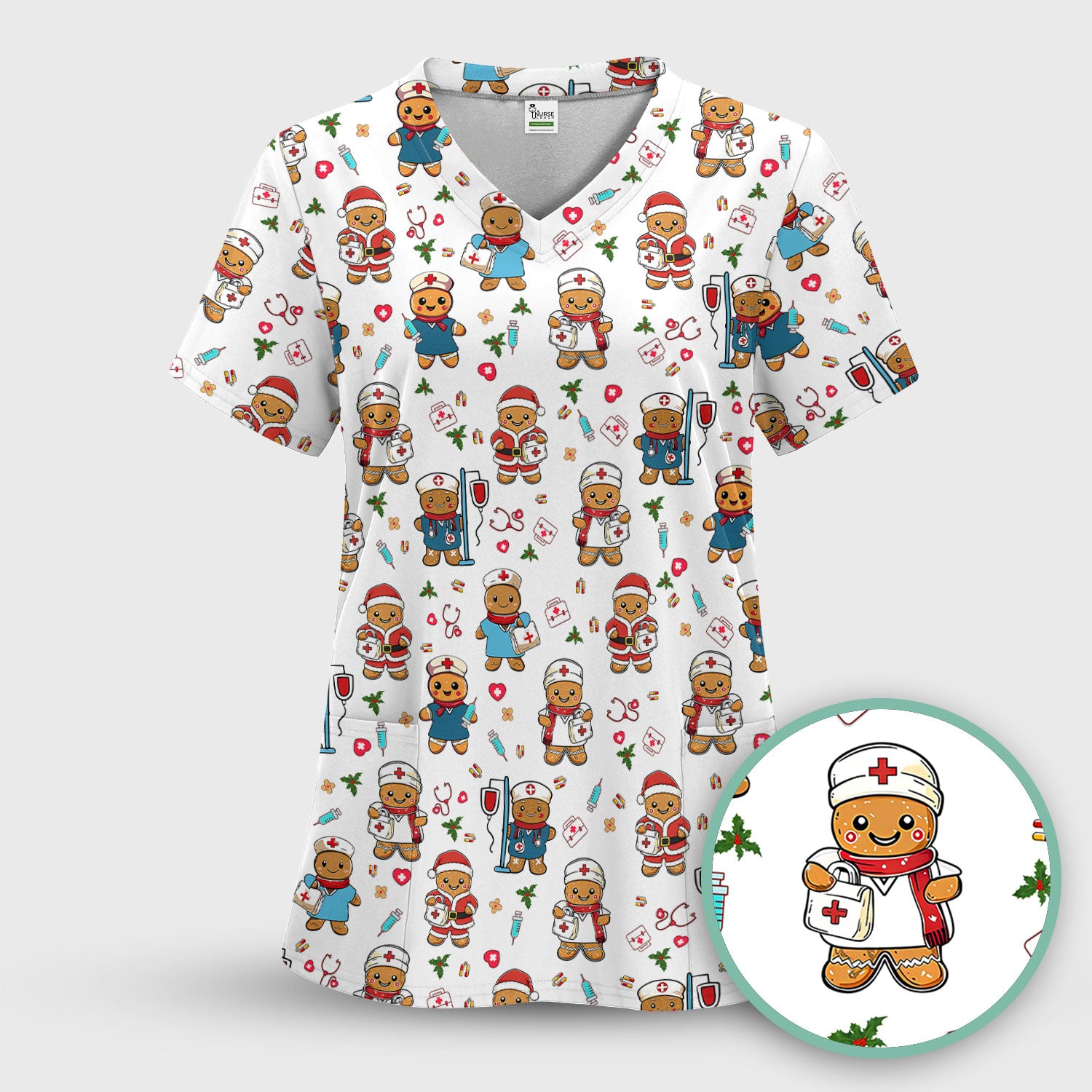 Elf Gingerbread Man Nurse Scrub Top - Santa’s Favorite Nurse Holiday Medical Uniform RN LPN CNA Gift