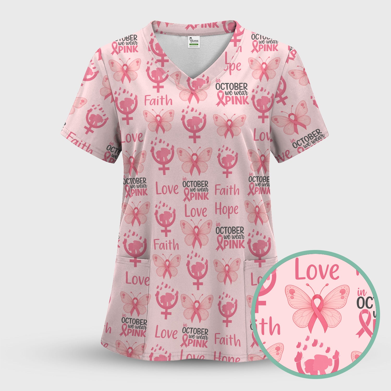 Breast Cancer Awareness Nurse Scrub Top - Faith Hope Love & Pink Ribbon Butterfly Design - October Gift for RN LPN CNA
