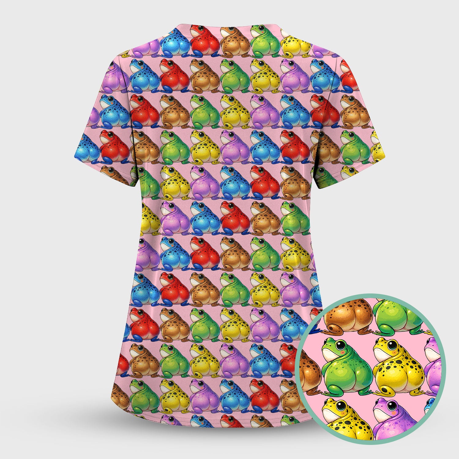Funny Colorful Frogs Pattern Scrubs Sets, Scrub Pants and V Neck Top
