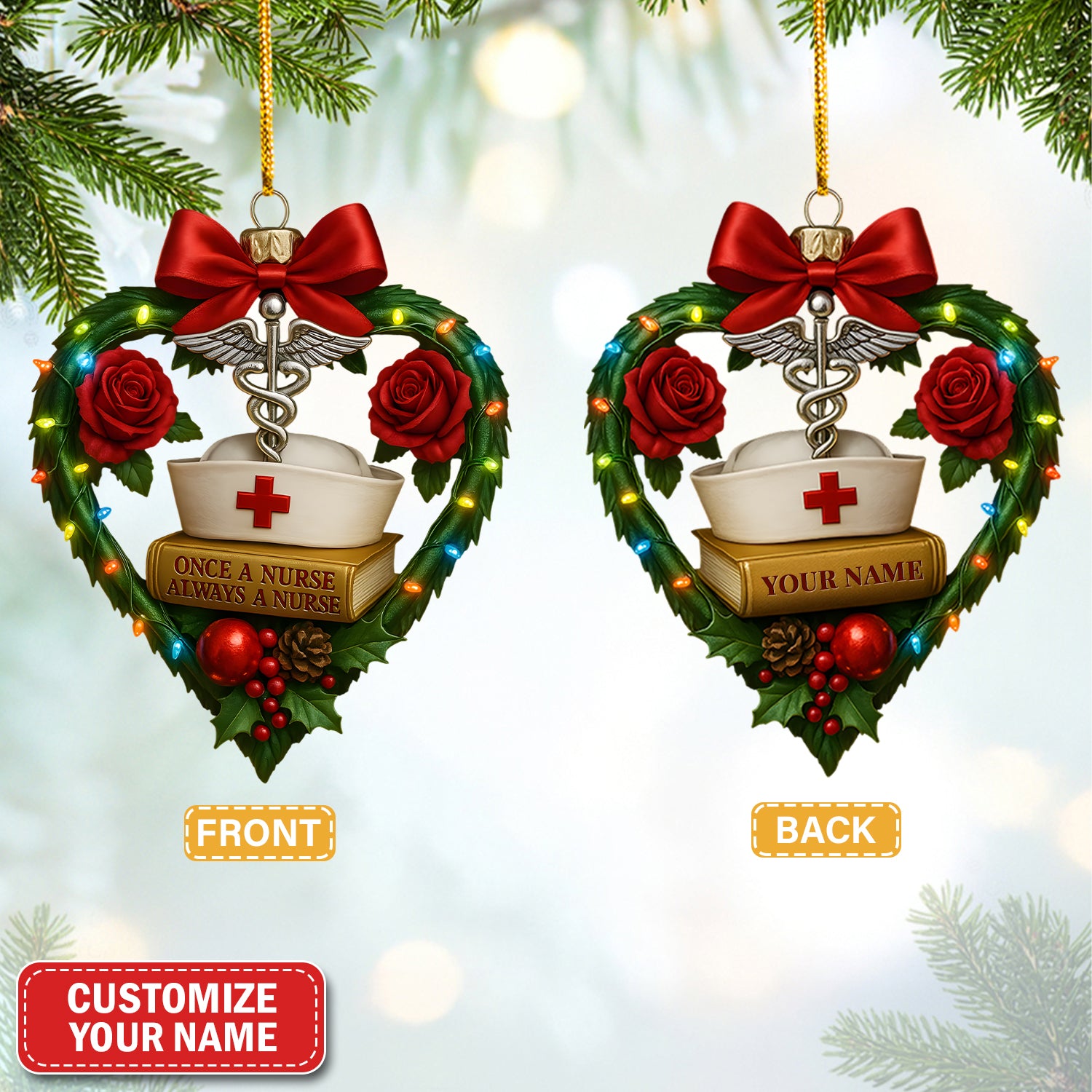 Custom Name Nurse Christmas Ornament with Heart and Roses, Inspirational Holiday Gift for Healthcare Workers