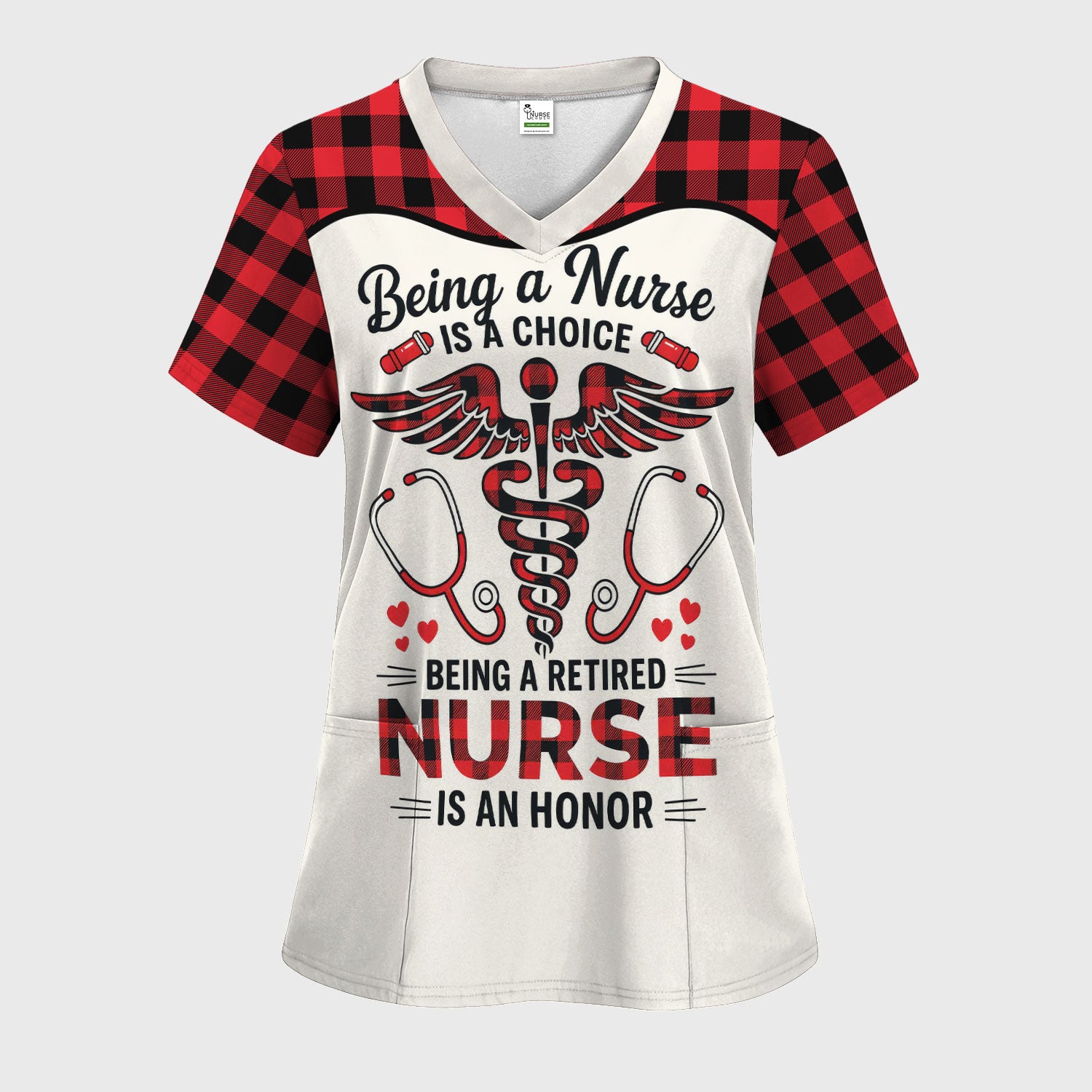 Being a Nurse Is a Choice Retired Nurse Scrub Top - Red Plaid Medical Work Shirt - Retirement Gift for Nurses