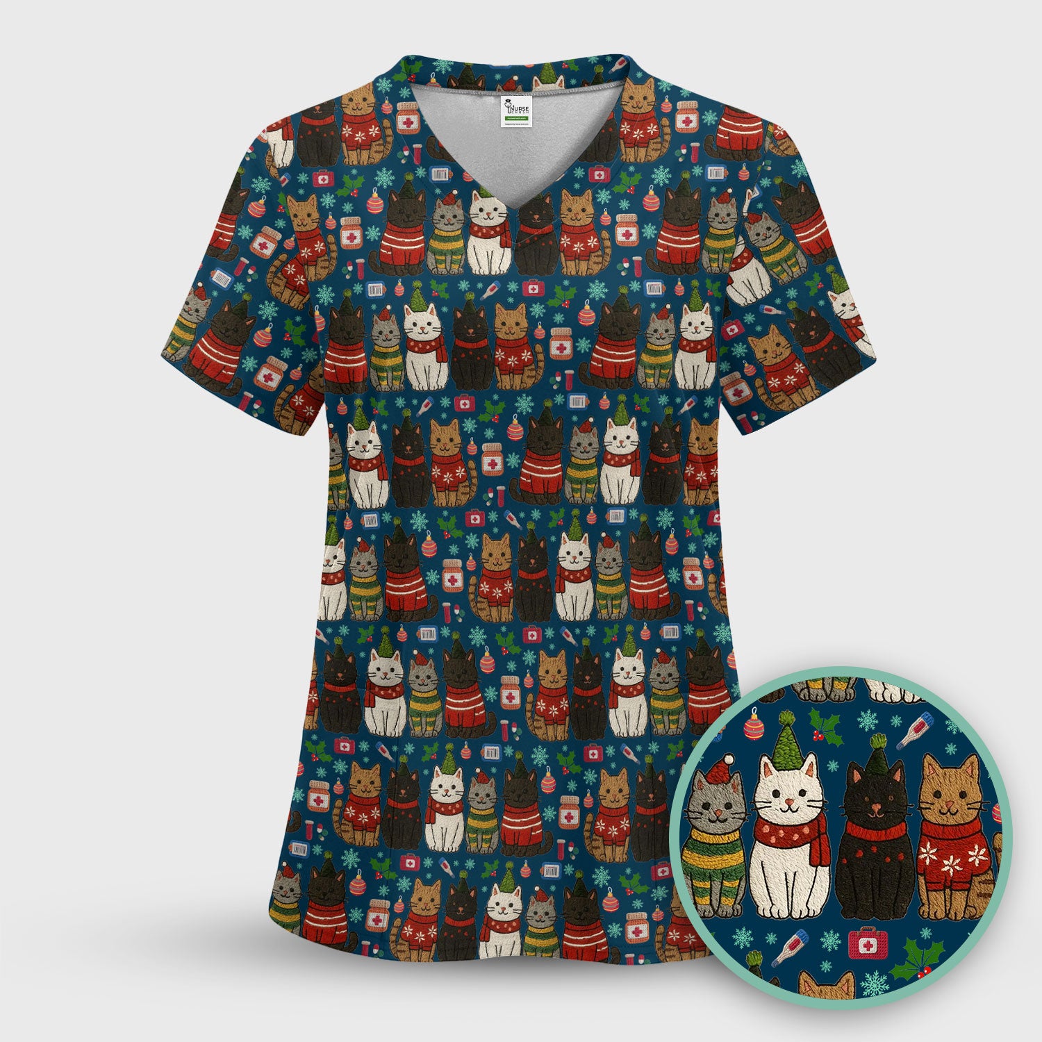 Christmas Cat Scrub Top, Funny Holiday Nurse Shirt, Festive Medical Uniform For Women RN LPN CNA Gift