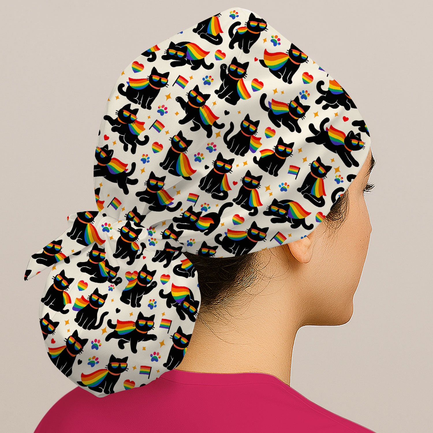 Rainbow Black Cat Pride Pattern Scrub Cap, Surgical Caps for Doctors
