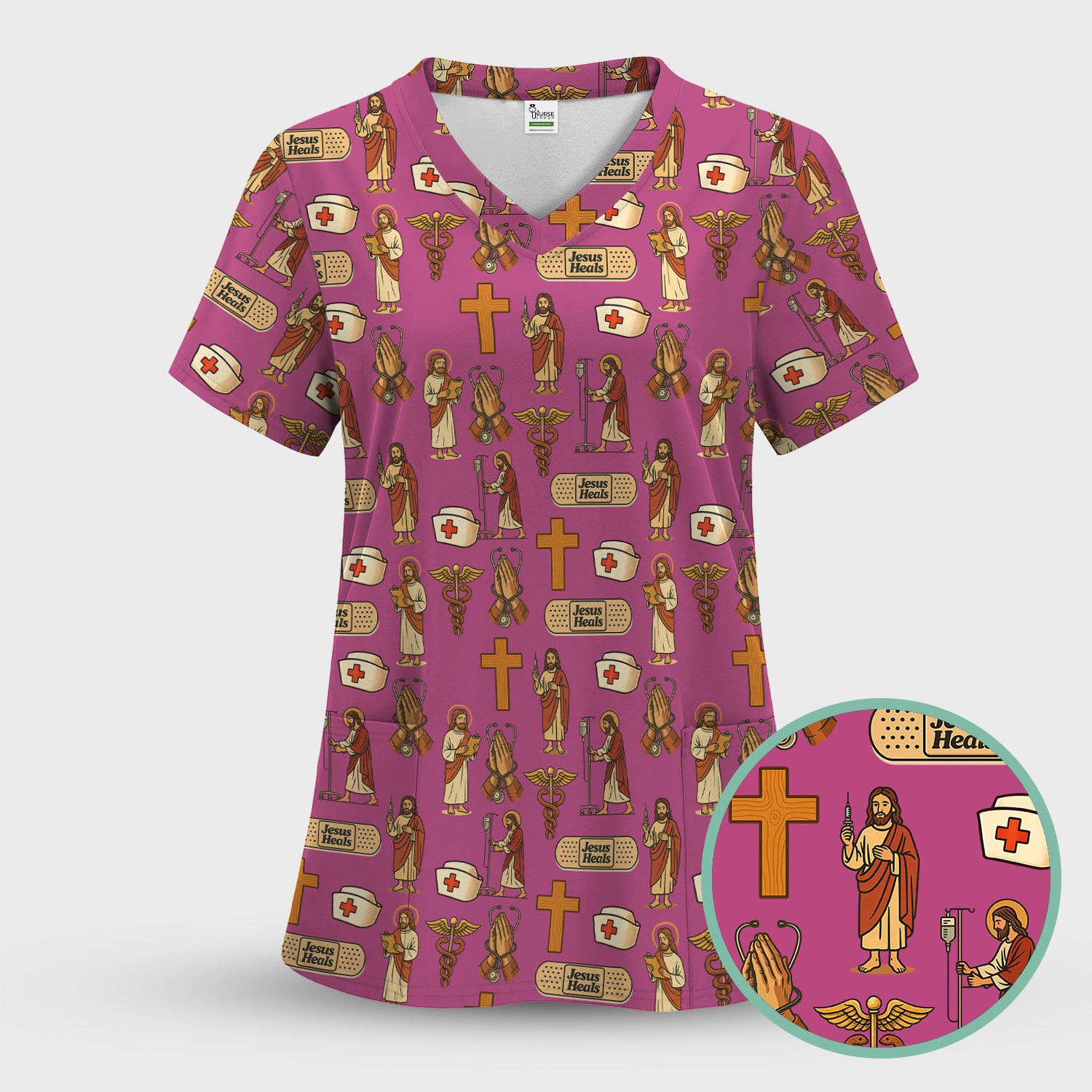 Funny Jesus Nurse Scrub - Jesus with Syringe & Praying Hands Graphic Design - Gift for Women RN LPN & Healthcare Workers