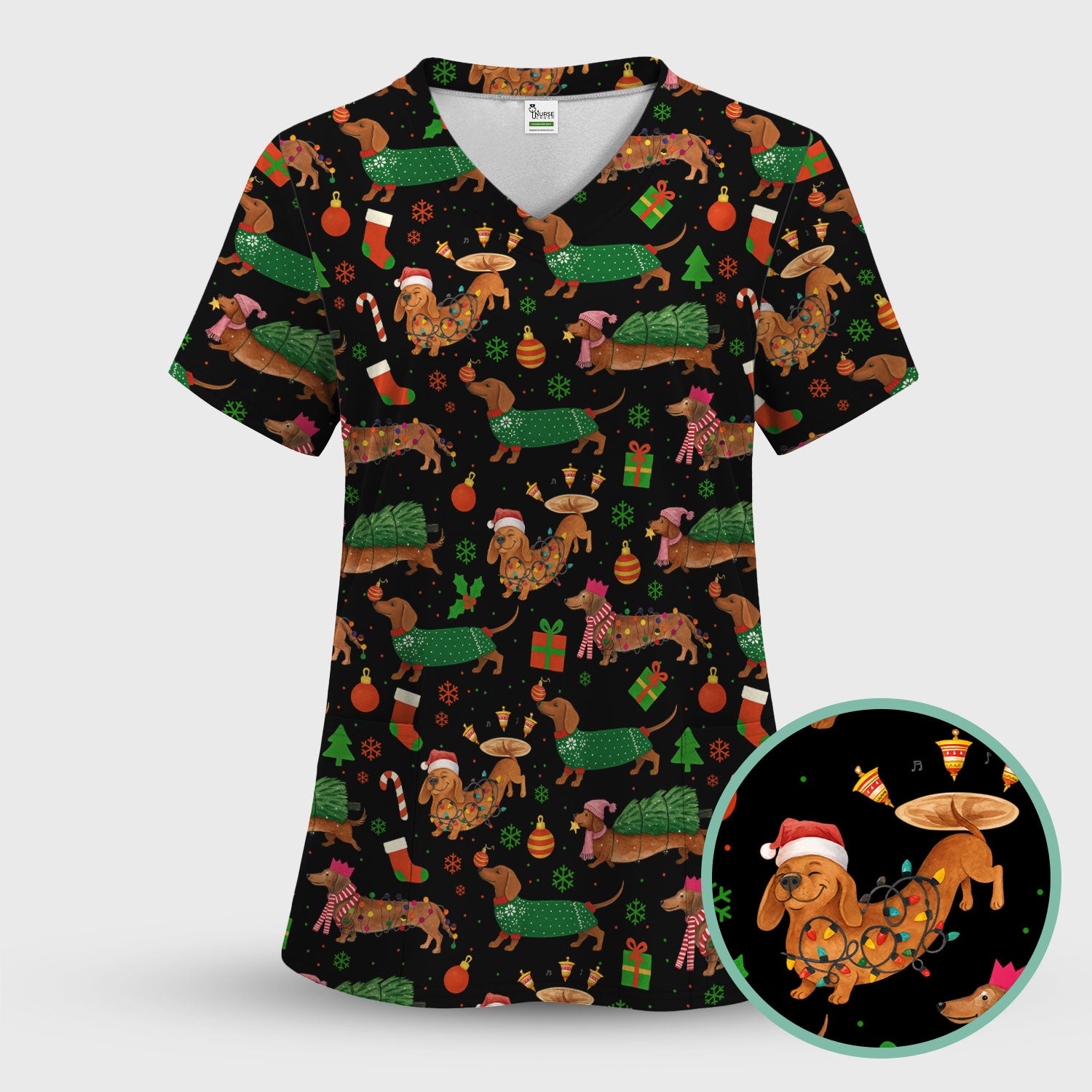 Christmas Dachshund Scrub Top - Funny Dog Scrub Shirt Multi Color - Holiday Medical Scrubs Gift for Nurse, CNA, RN, Doctor, Vet