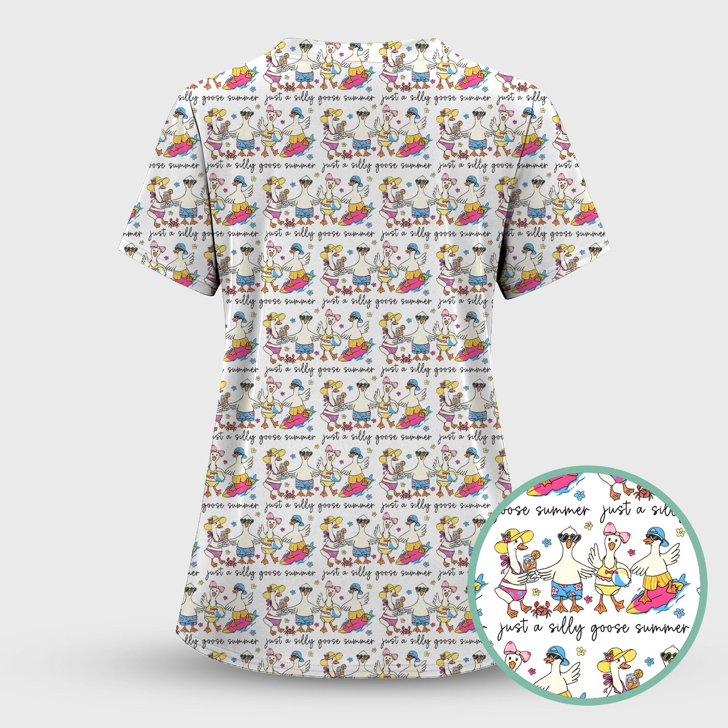 Funny Goose Summer Beach Pattern Scrub Top, Comfortable Scrubs for Nurses