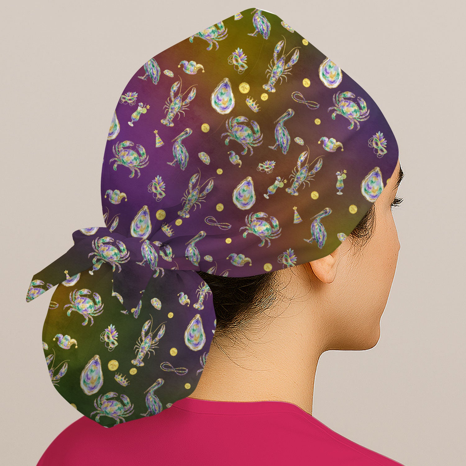 Mardi Gras Seafood Nurse Scrub Cap, Comfortable Uniform Scrubs For Nursing