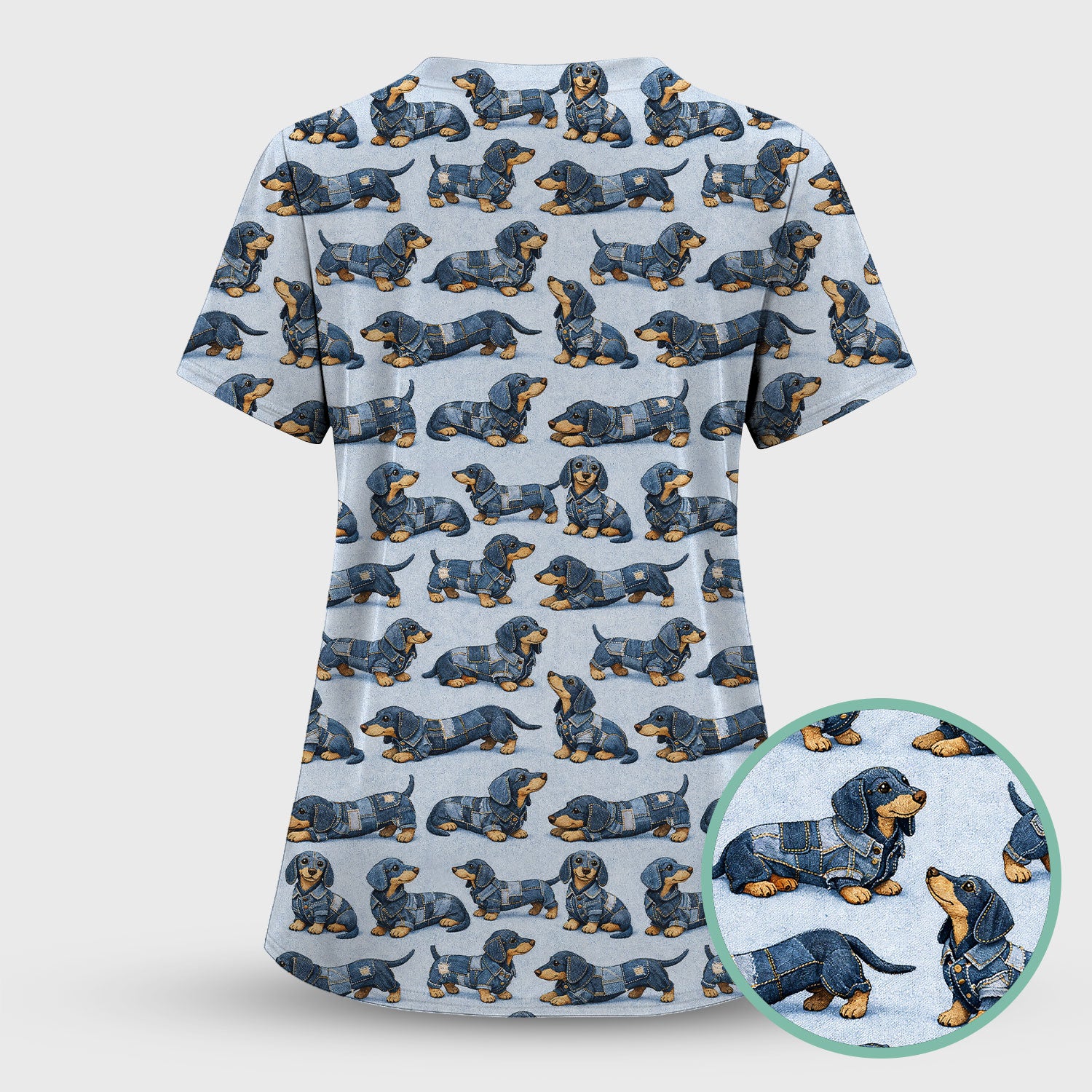 Denim Dachshund Dog Pattern Scrub Top, Breathable Fabrics Nursing Uniform