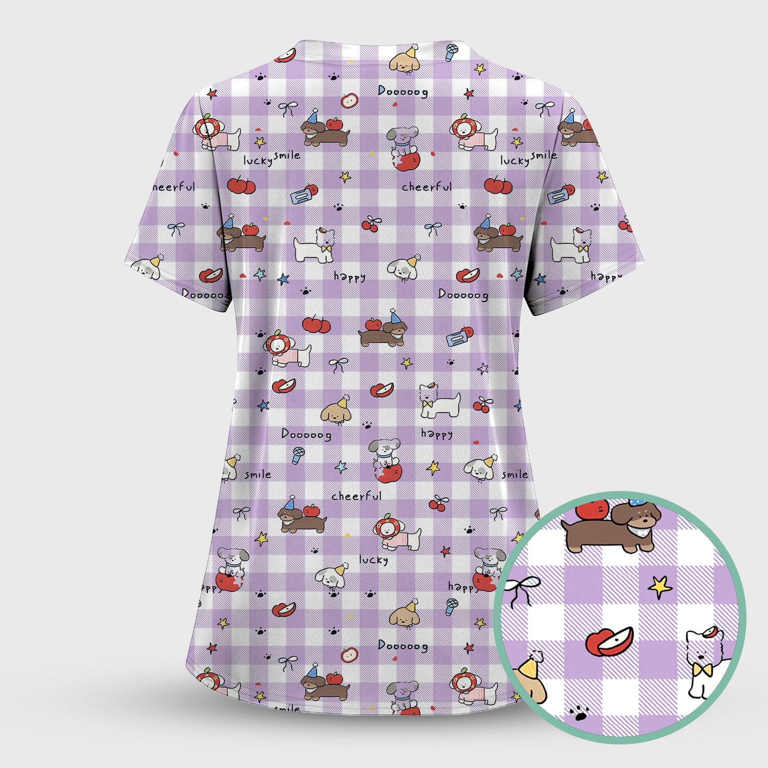 Cute Nurse Cartoon Puppy Apple Gingham Scrub Top, Breathable Fabrics Nursing Uniform