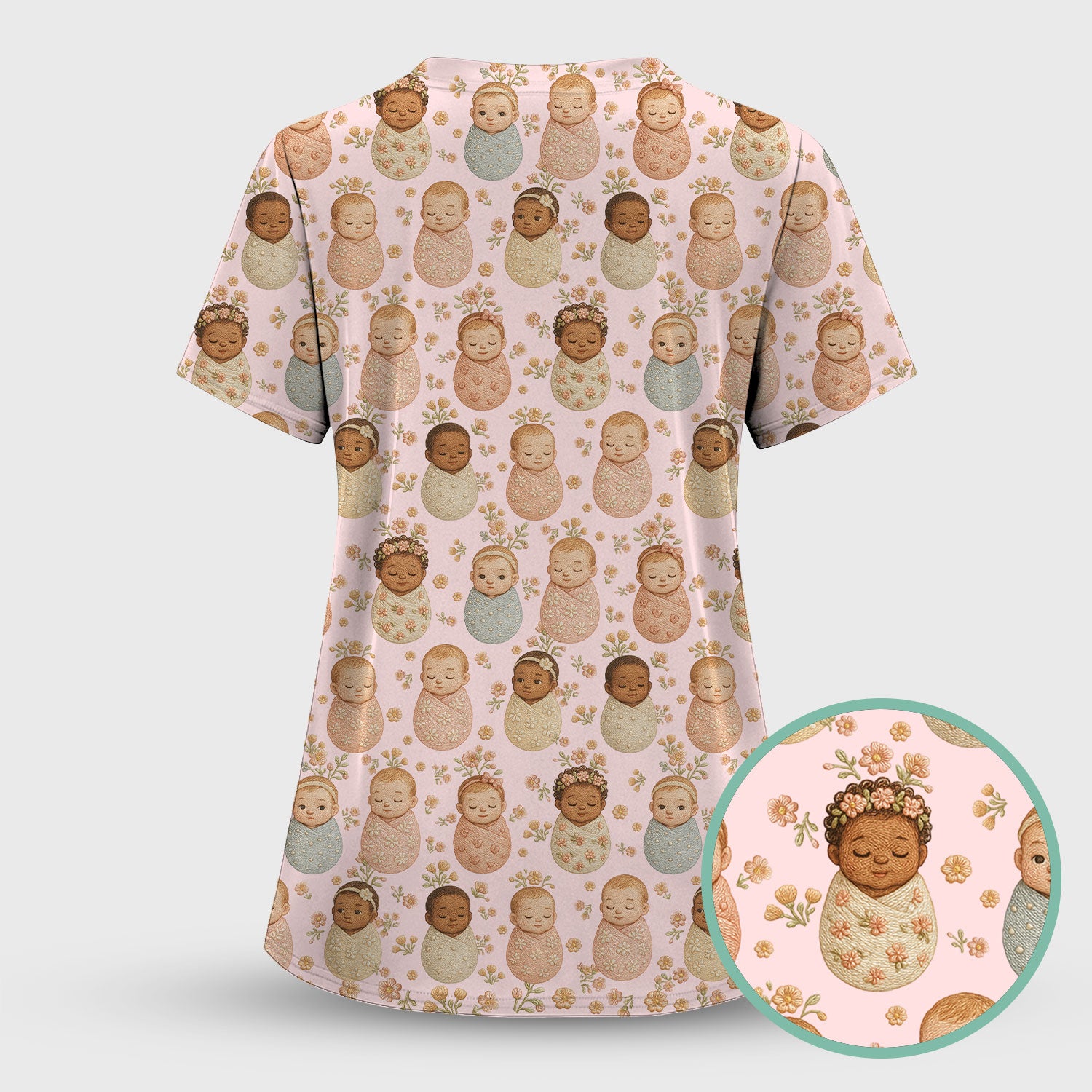 Sweet Newborn Baby Floral Print Nurse Scrub Top, Comfortable Scrubs for Nurses