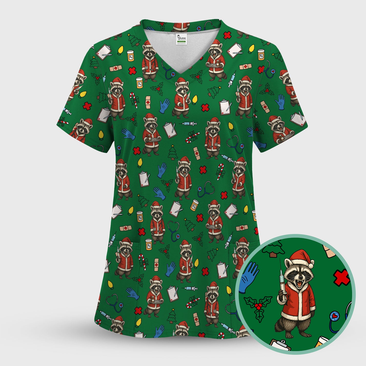 Festive Raccoon Pattern Scrub Top - Christmas Santa Print Medical Shirt - Fun Holiday Gift for RN LPN CNA Women