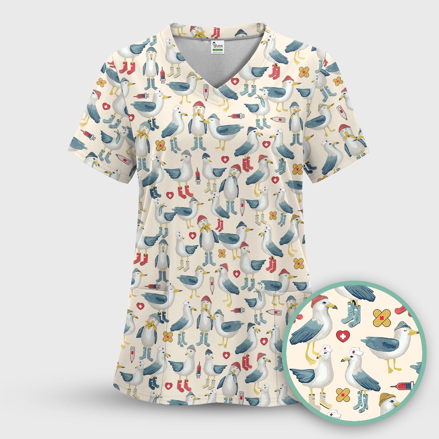Seagull Scrub Top for Nurses - Adorable Birds Medical Uniform - Funny Shirt for RN CNA LPN
