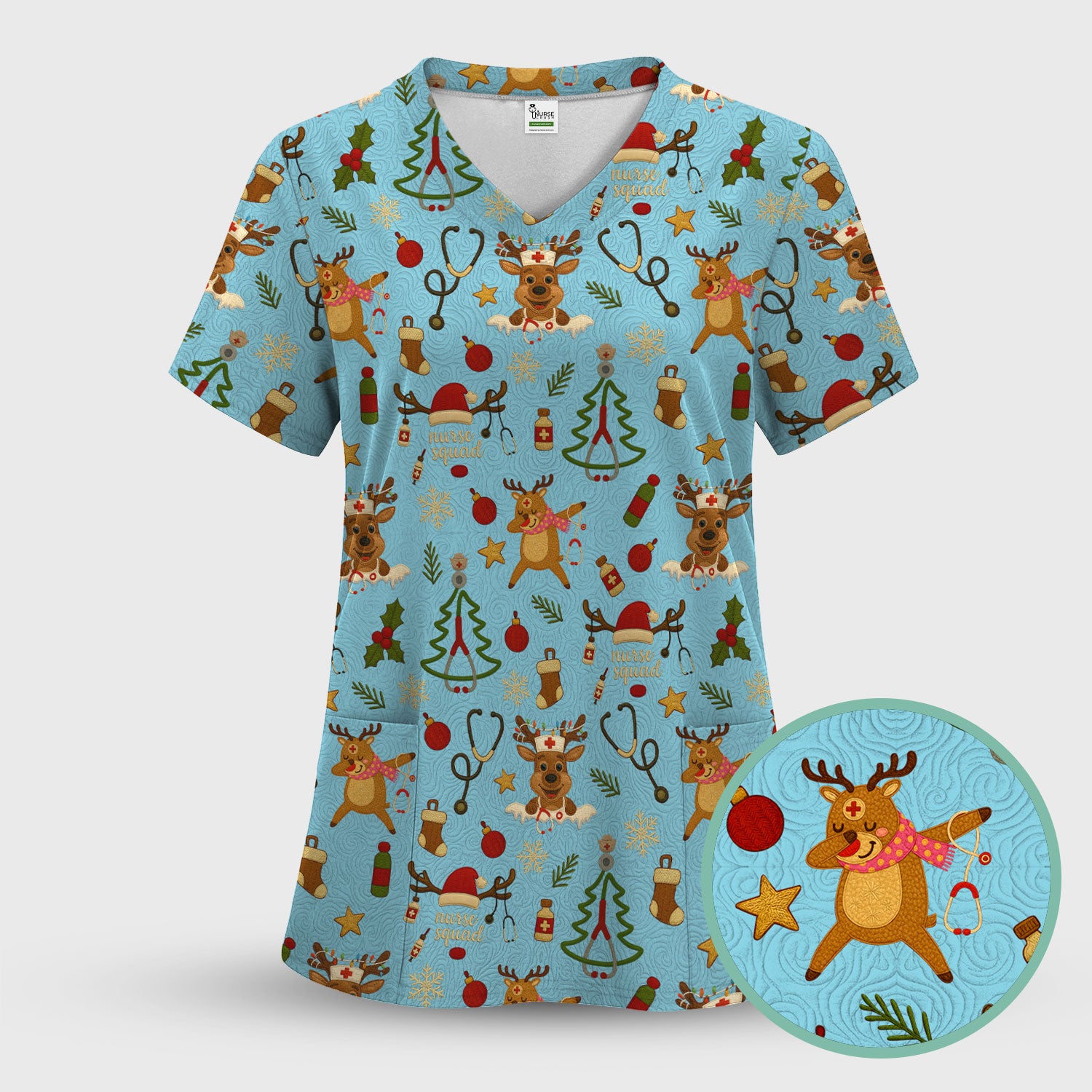 Christmas Reindeer Scrub Top - Cute Holiday Nurse Scrubs with Reindeer Print - Funny Xmas Medical Scrub Shirt Gift for Women CNA RN Doctor