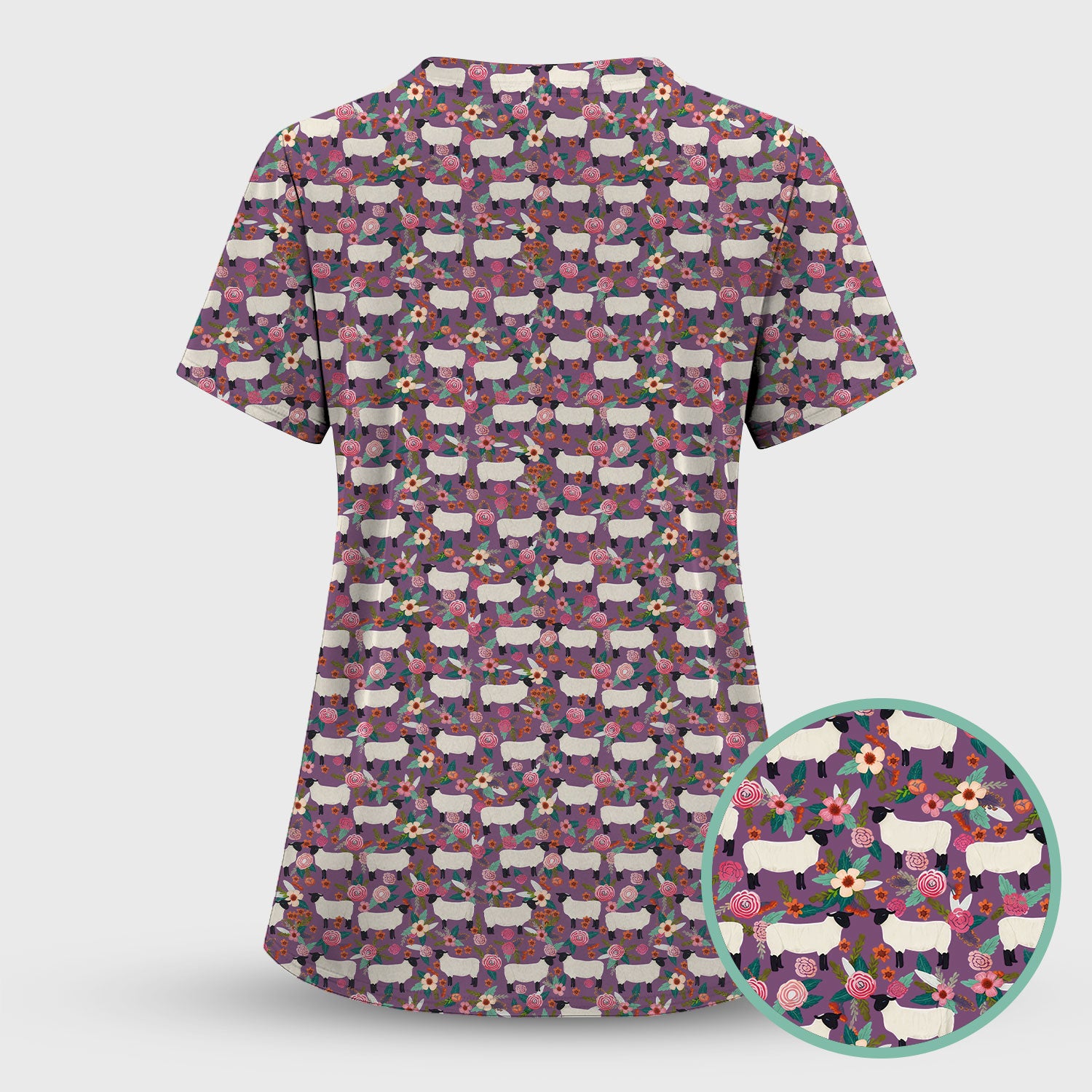 Cute Sheep Floral Meadow Pattern Scrub Set, Nurse Uniform Scrubs Set