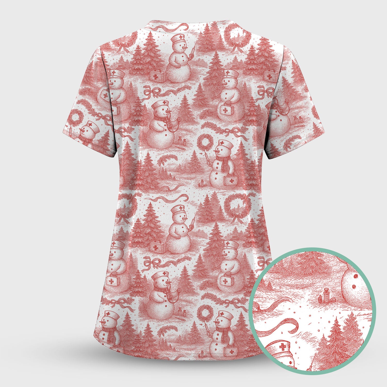 Toile de Jouy Christmas Scrubs Set – Elegant Snowman and Nurse Pattern – Classic Holiday Scrub Top and Pants for Women