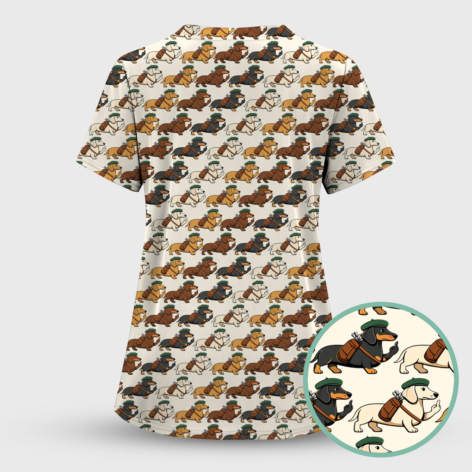 Cartoon Dachshund Dog Wearing Hat And Backpack Pattern Scrub Set, Scrub Pants and V Neck Top