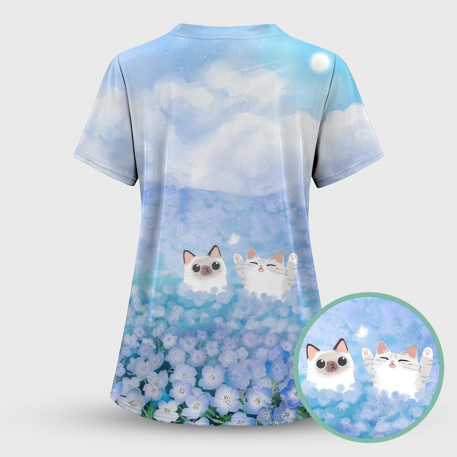 Dreamy Cat Cloud Hydrangea Sky Pattern Scrub Set, Scrub Pants and V Neck Top