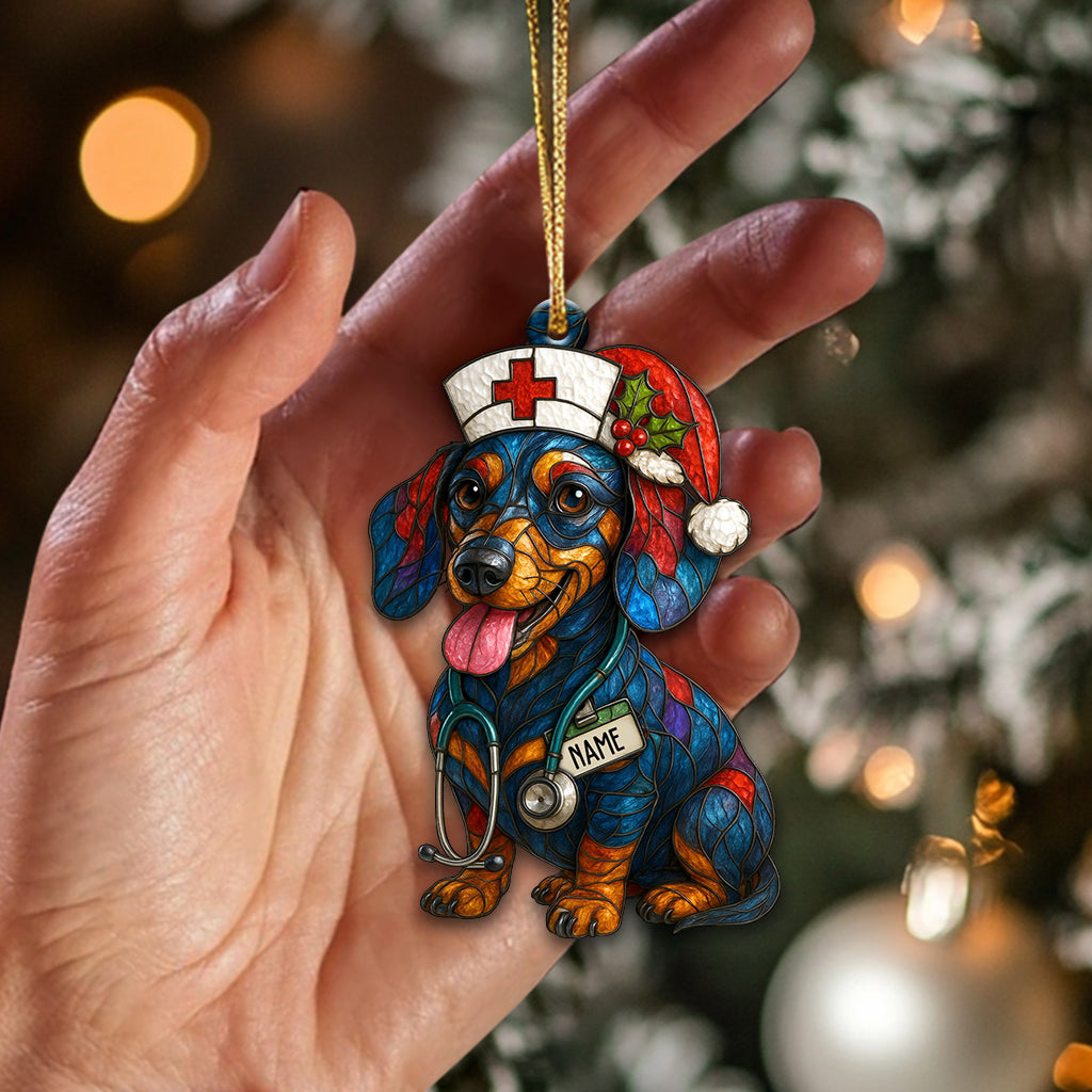 Personalized Nurse Dachshund Christmas Ornament – Custom Name Dog Nurse Holiday Decor, Funny Healthcare Gift for Pet Lovers