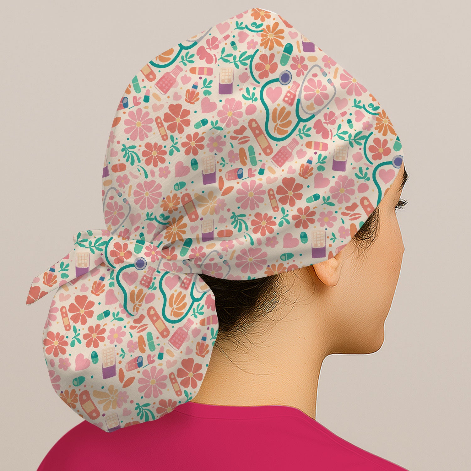 Cute Medical Floral Pattern Scrub Cap, Breathable Fabrics Caps Uniform