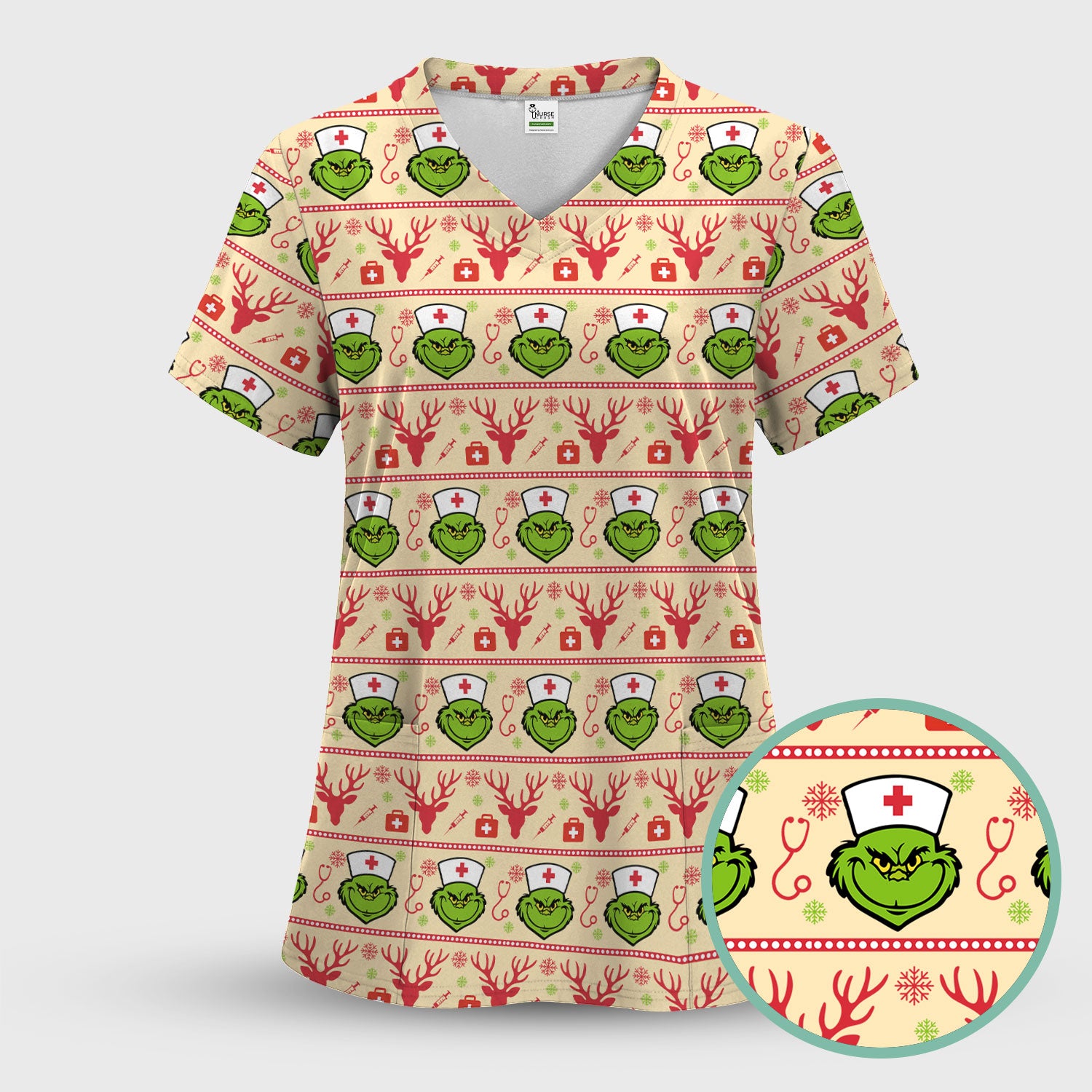 Grinch Nurse Ugly Christmas Scrub Top - Funny Holiday Nursing Scrubs Shirt - Cute Medical Workwear for Women with Festive Pattern