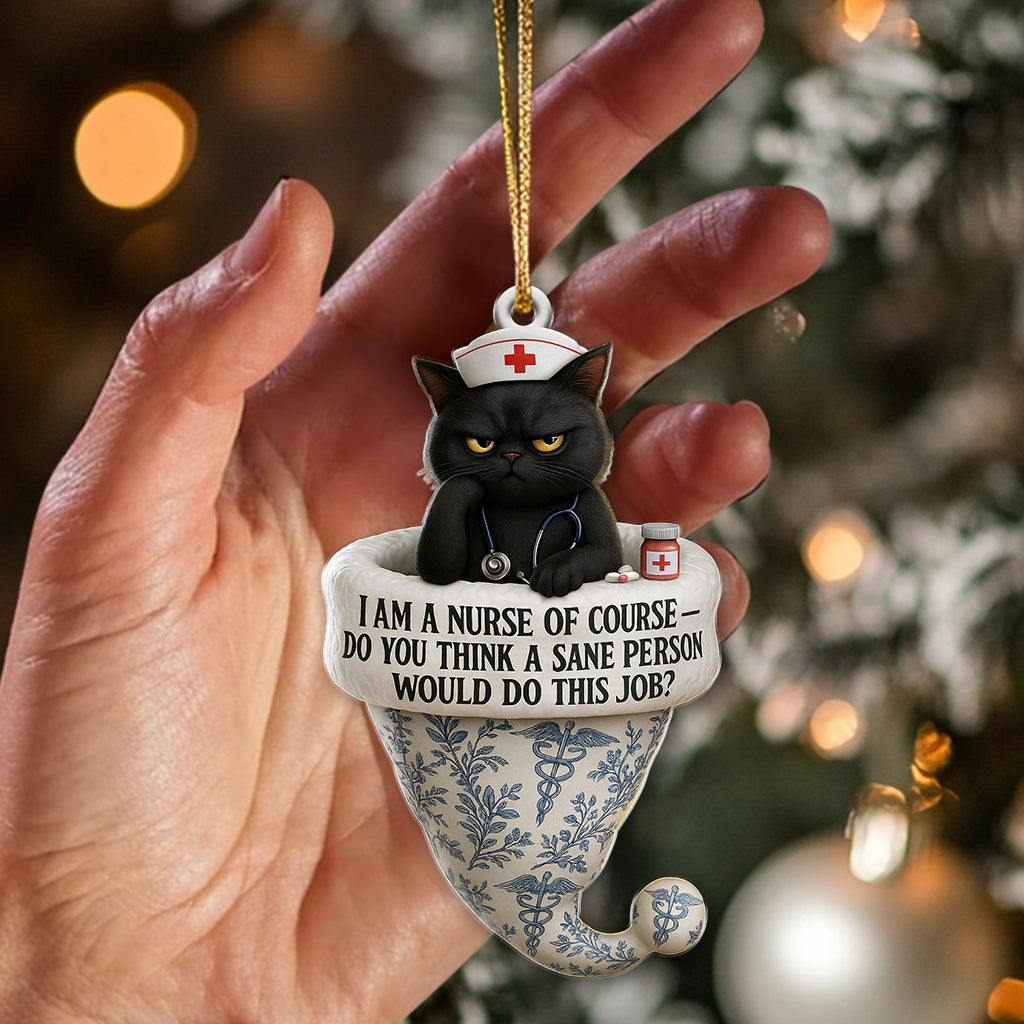 Custom Name Black Cat Nurse Ornament, Funny Toile de Jouy Nursing Christmas Decor, Sarcastic Nurse Holiday Gift