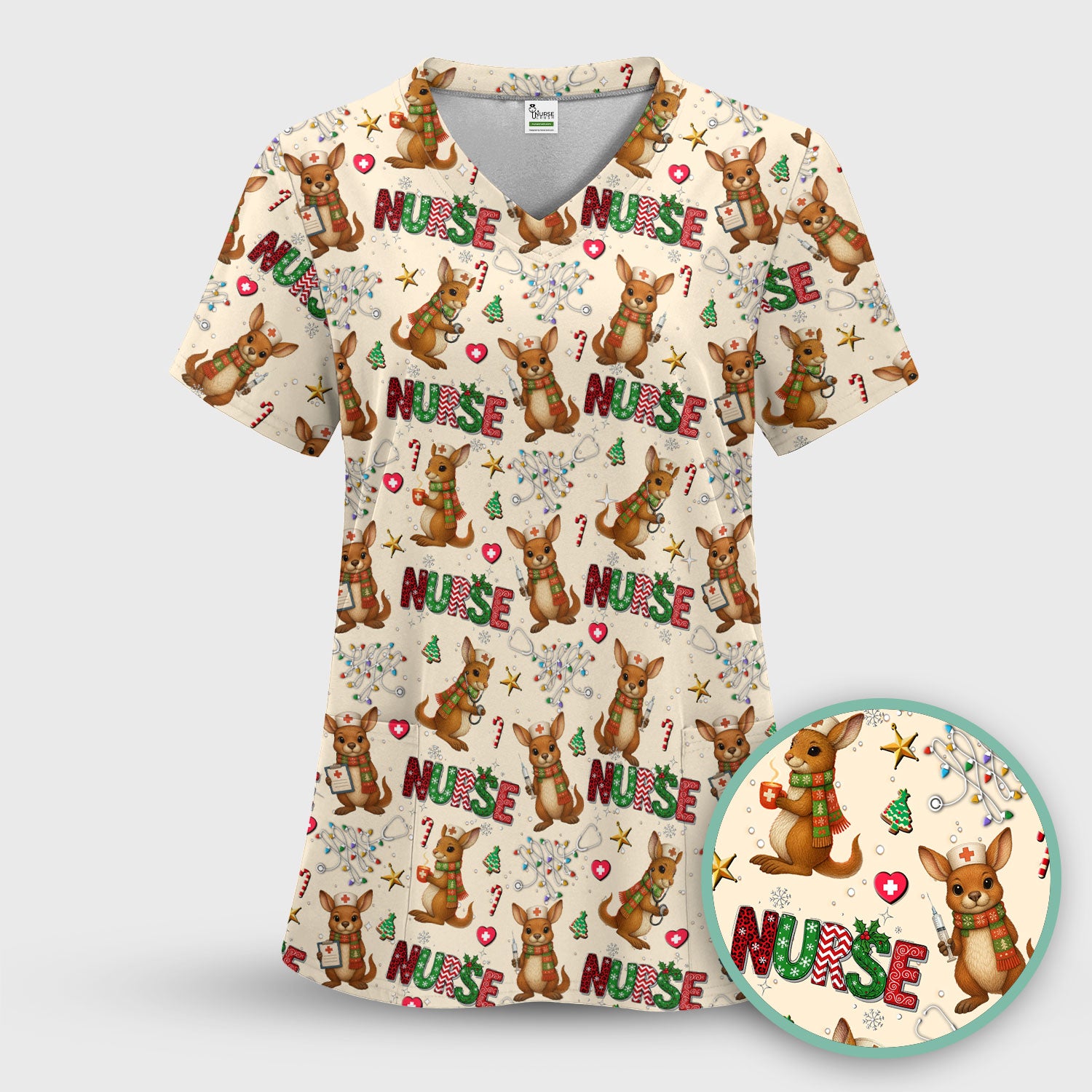 Aussie Kangaroo Christmas Scrub Top - Funny Holiday Nurse Shirt for Women - Cute Animal Medical Uniform