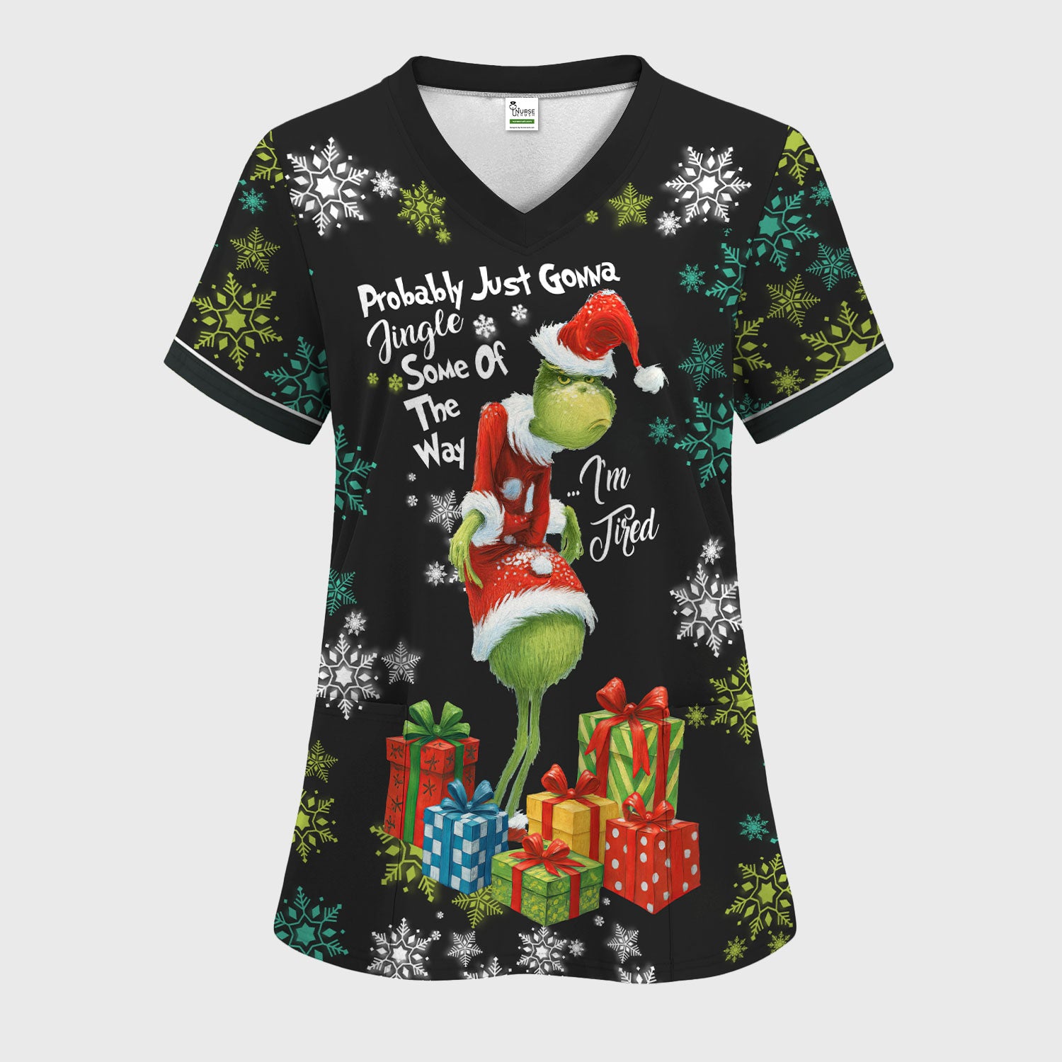 Tired Grinch Christmas Scrub Top - Funny Holiday Medical Uniform for Women - Xmas Gift for RN LPN CNA