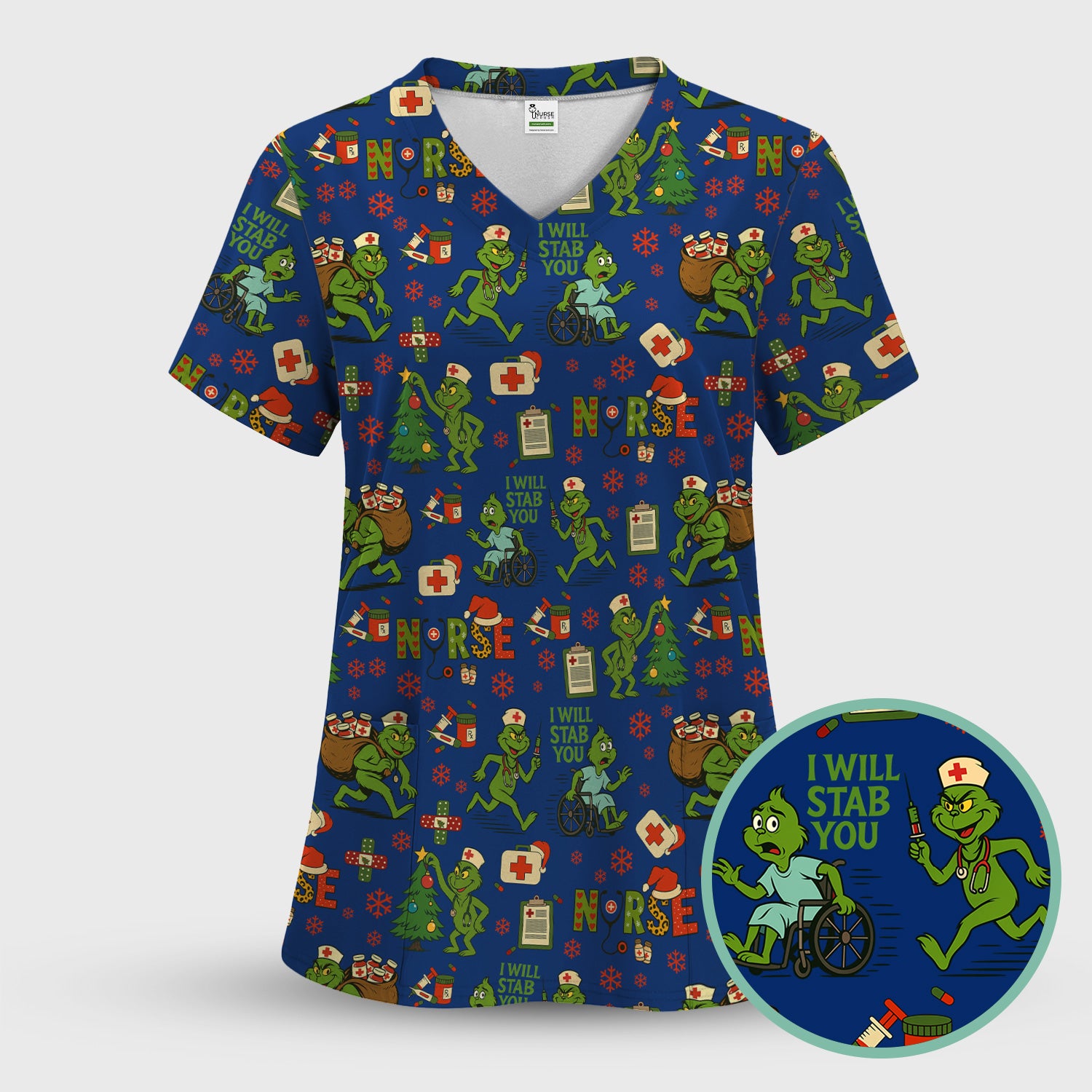 Funny Grinch Nurse Scrub Top for Women - Christmas Scrub Shirt with I Will Stab You Quote - Cute Holiday Nursing Work Shirt with Pockets