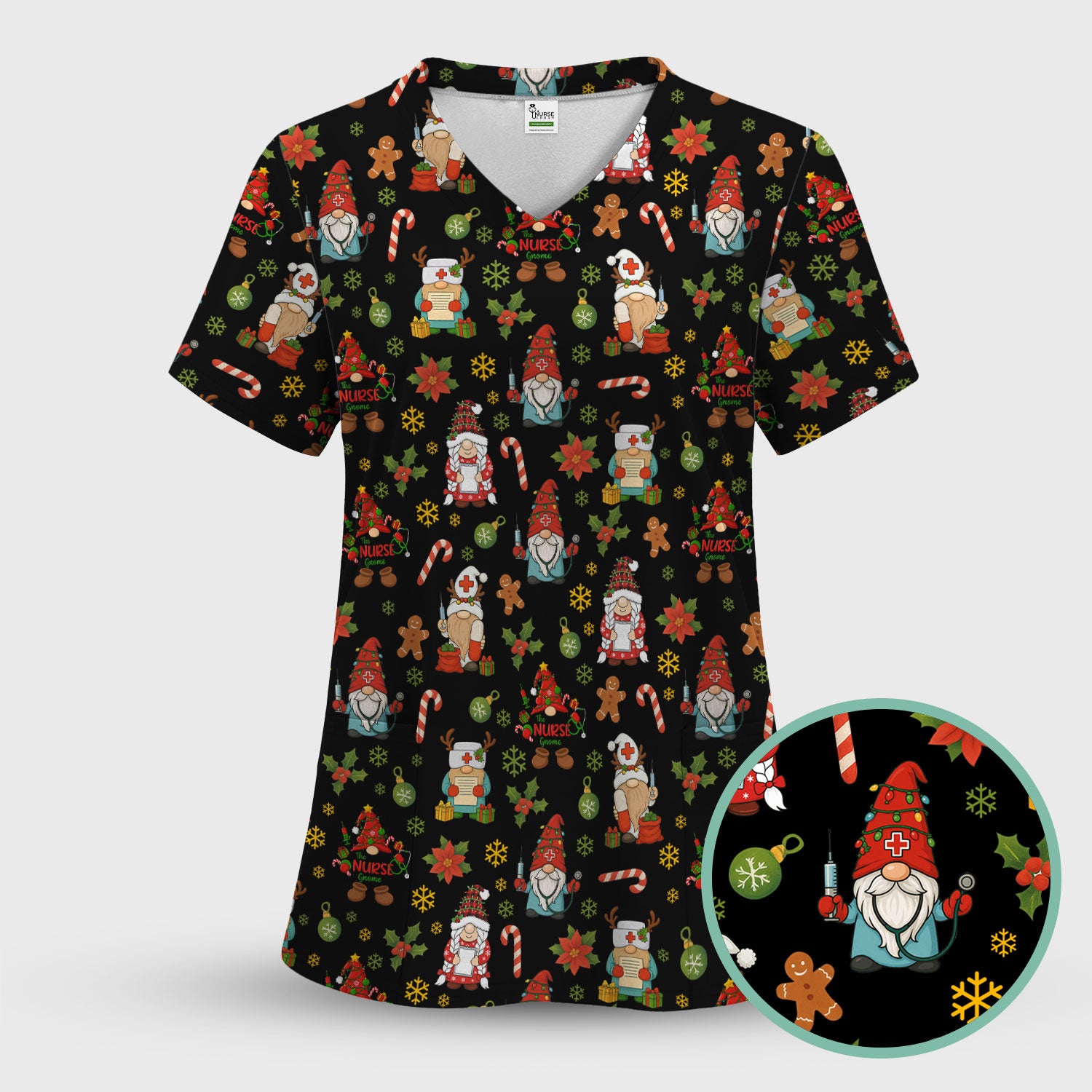 Christmas Gnome Nurse Scrub Top - Cute Holiday Santa Reindeer Print Scrubs - Funny Xmas Medical Scrub Shirt Gift for Women, CNA, RN, Doctor