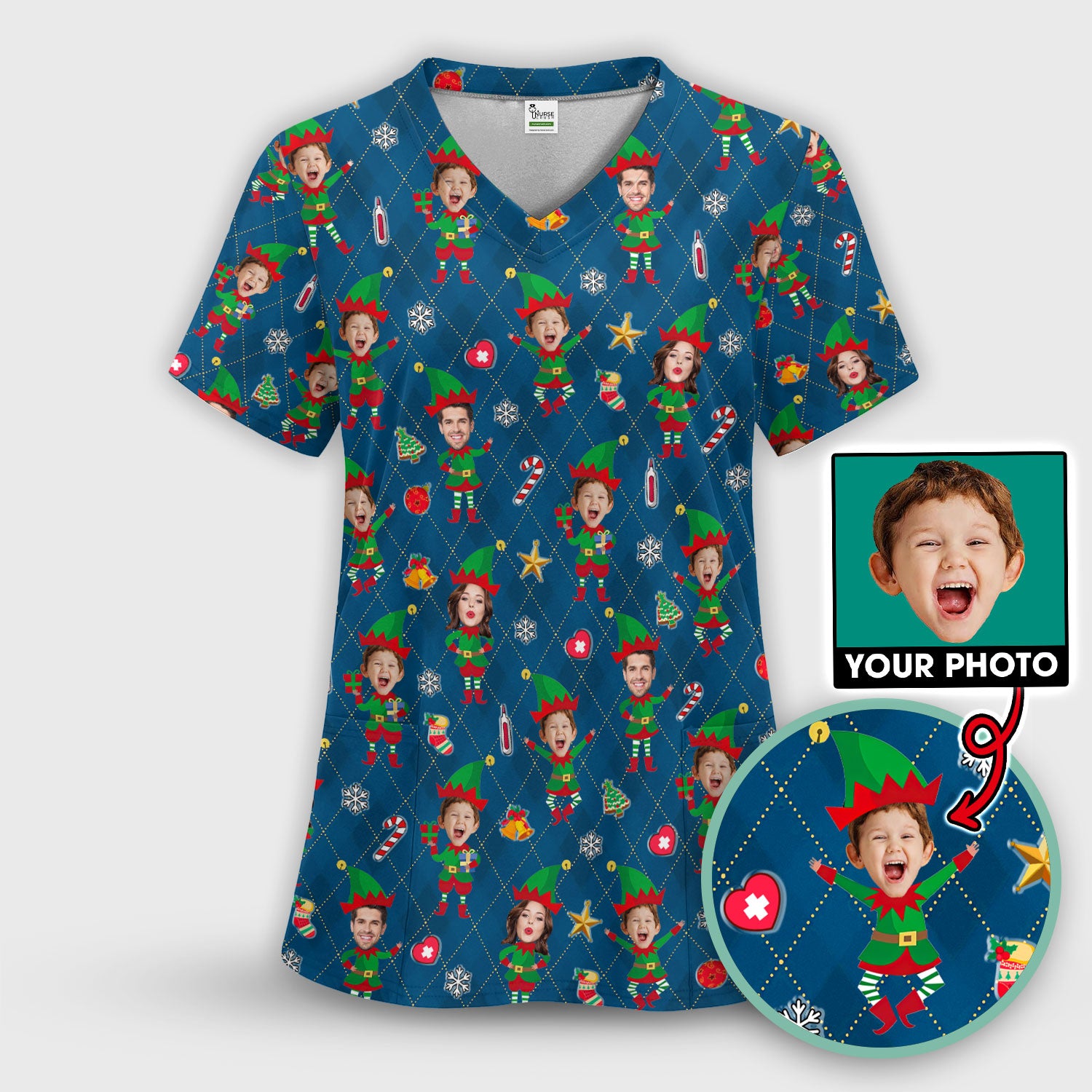 Personalized Face Nurse Shirt, Custom Photo Christmas Scrub Top, Funny Holiday Medical Uniform For Nursing