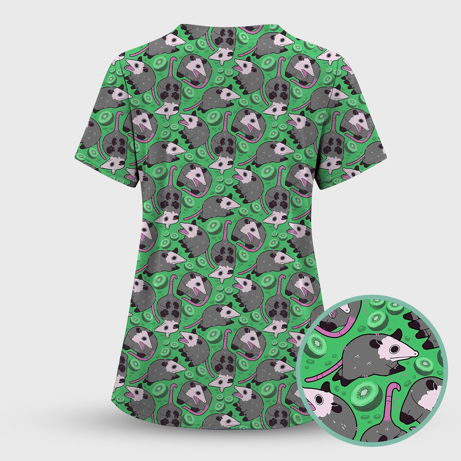 Funny Opossum Kiwi Scrub Set, Quirky Cartoon Animal Scrub Pants and V Neck Top