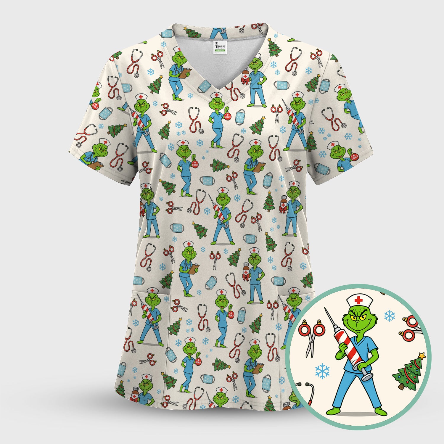 Christmas Grinch Nurse Scrub Top - Funny Holiday Medical Uniform for Women - RN LPN CNA Gift
