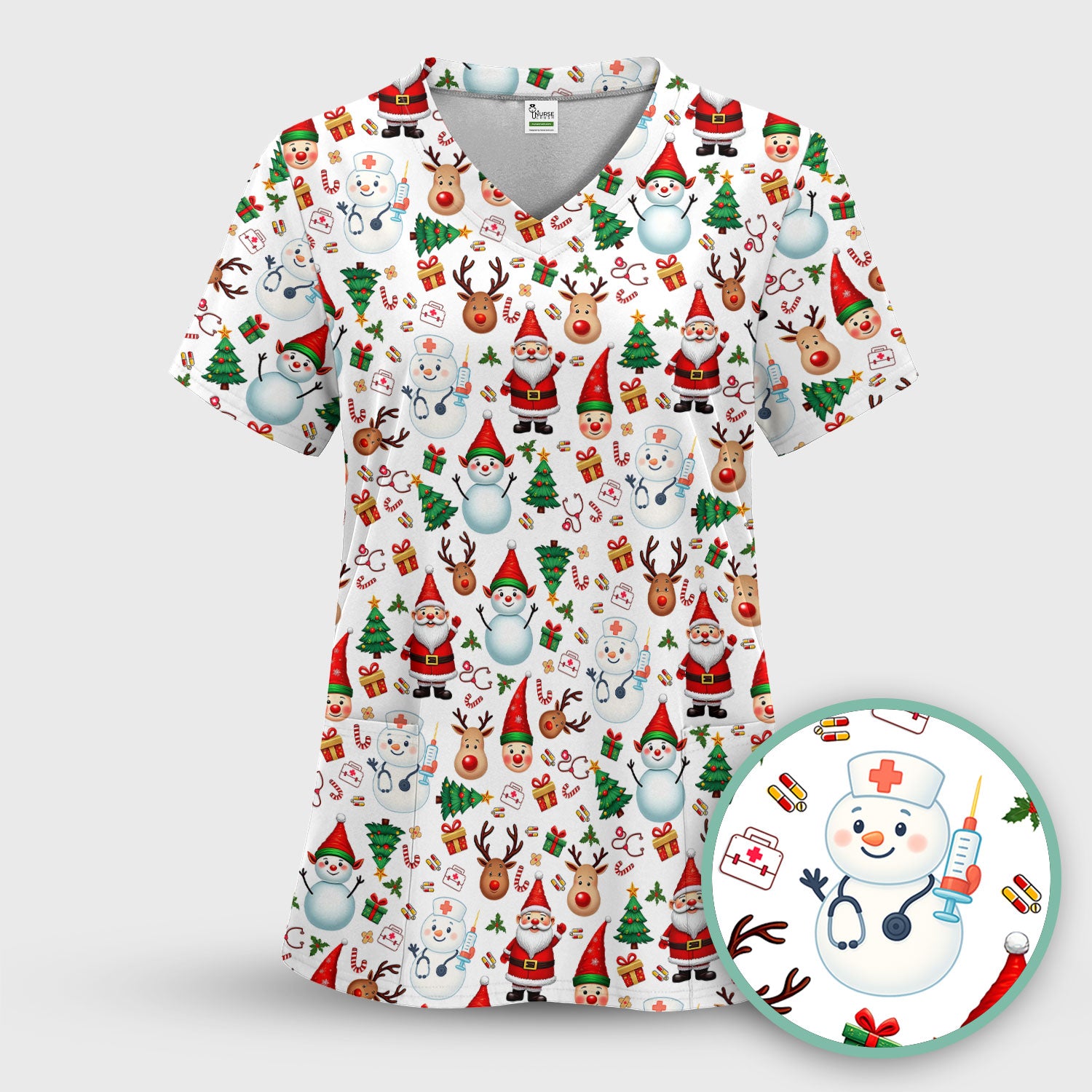 Christmas Nurse Scrub Top - Cute Snowman Santa Reindeer Pattern Medical Shirt - Festive Holiday Scrubs for Women RN CNA LPN