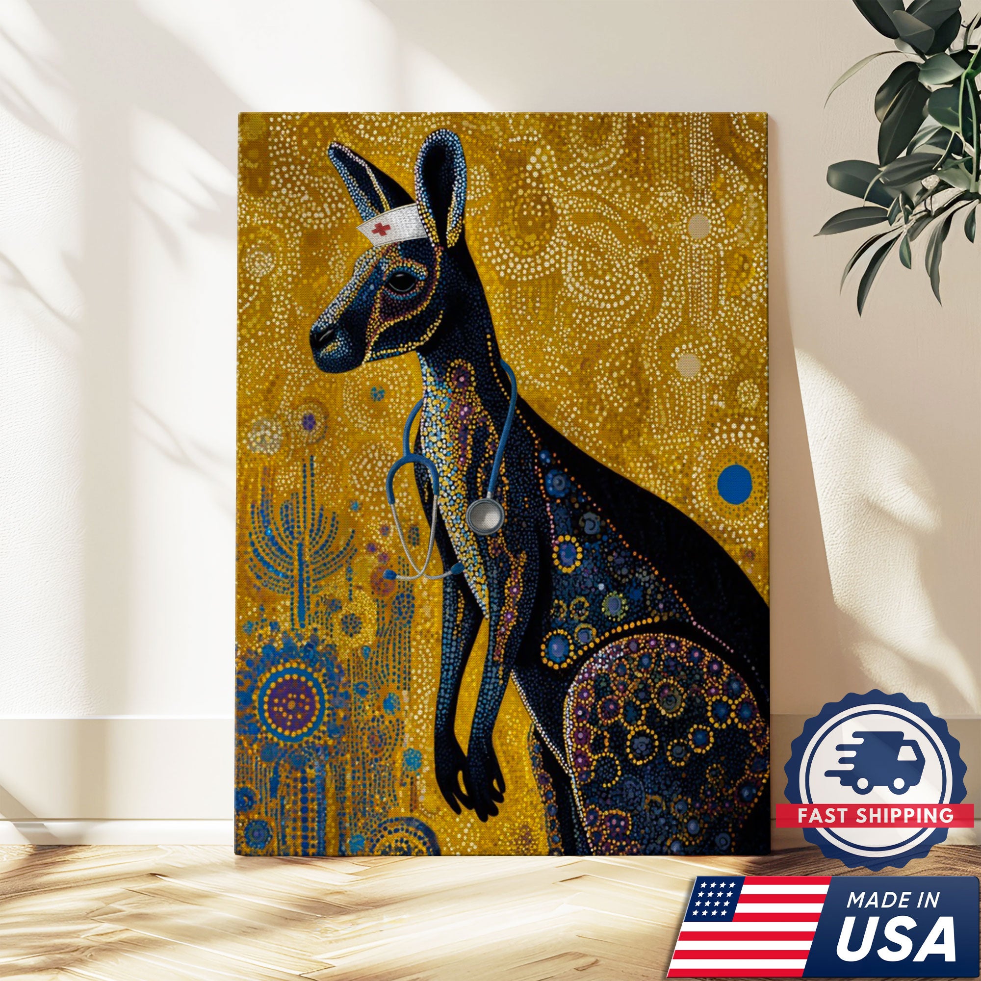 Aboriginal Style Kangaroo Canvas, Kangaroo Nurse Dot Art Poster, Australian Wildlife Decor For Nursing