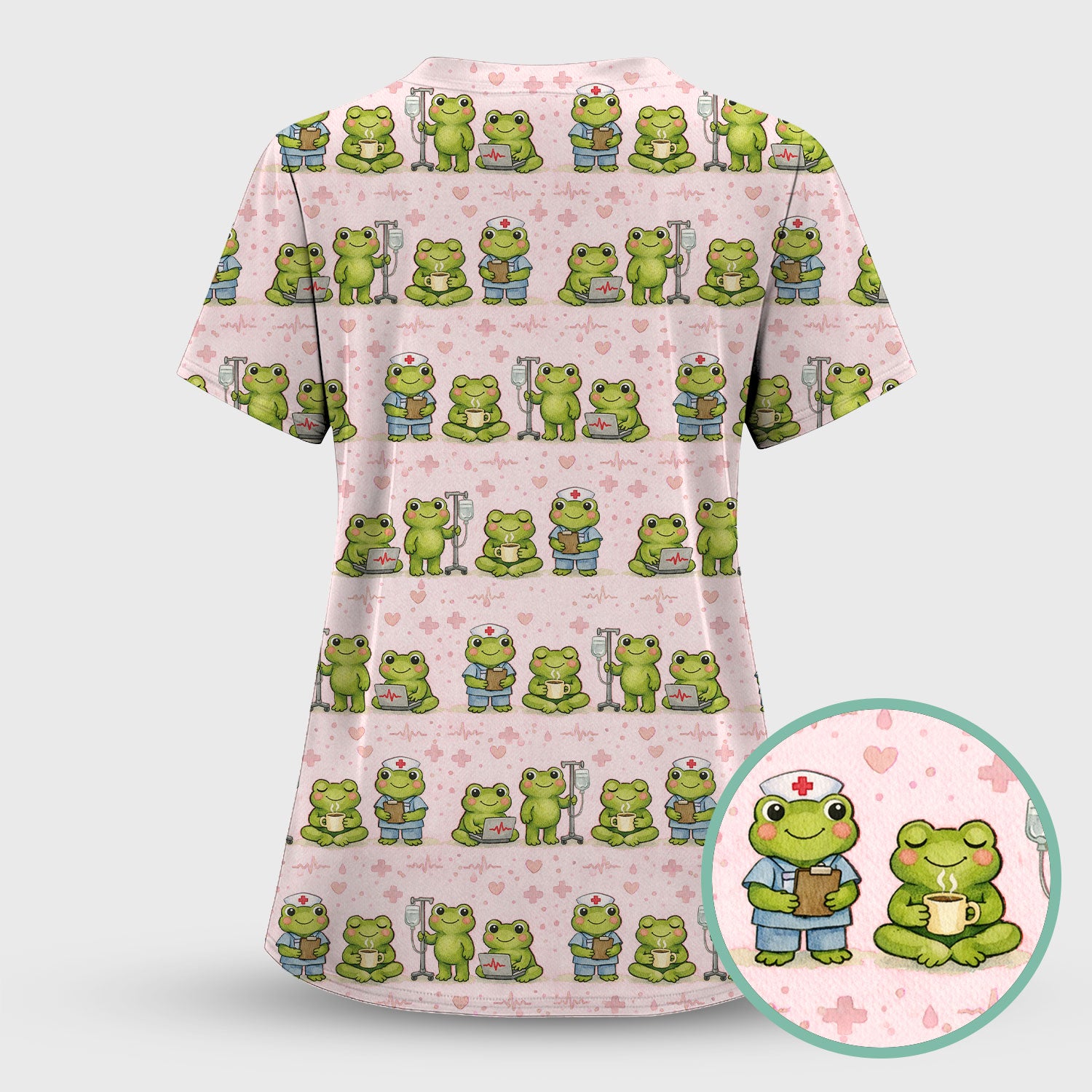 Adorable Frog Nurse Various Poses Print Scrub Top, Comfortable Scrubs for Nurses