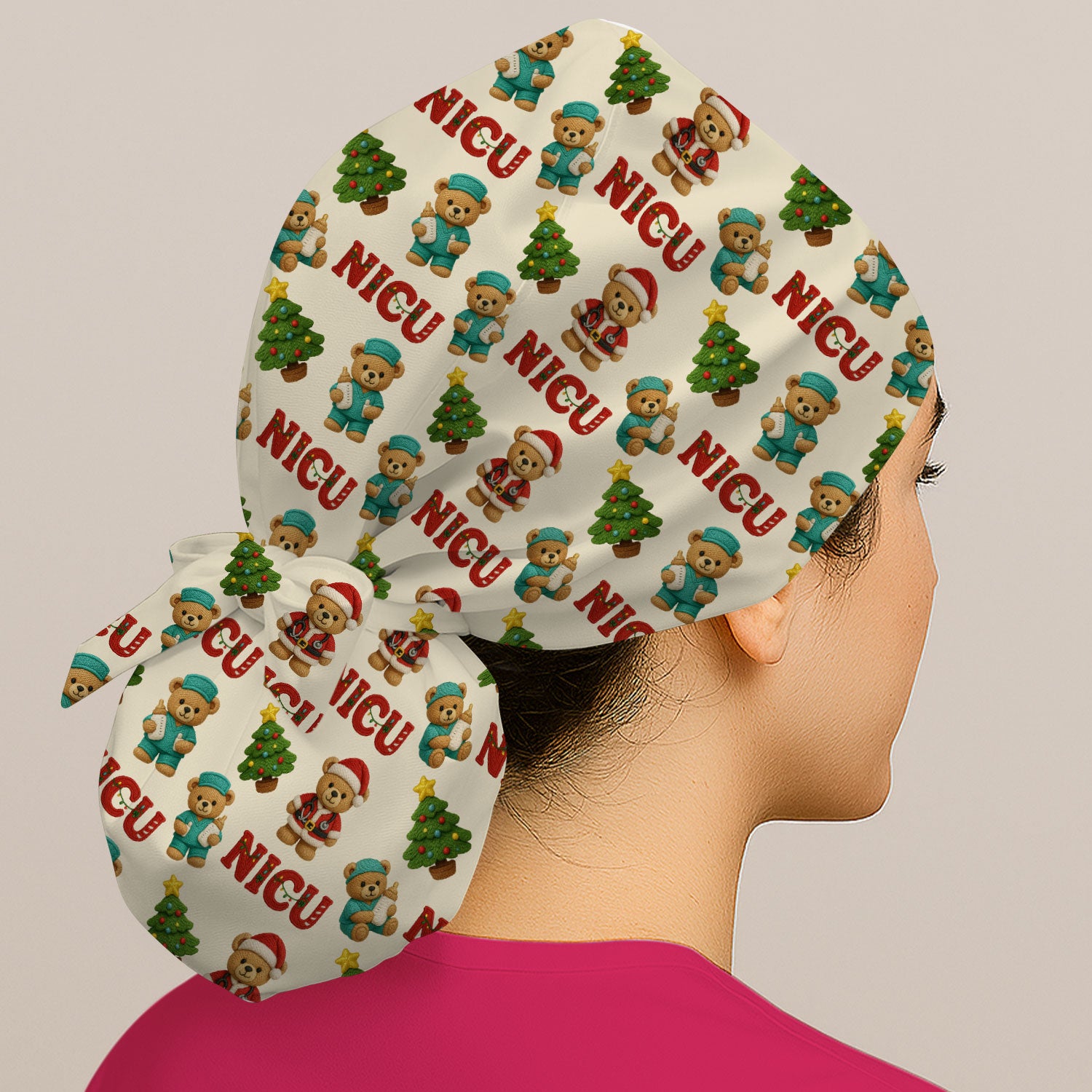 Festive Christmas NICU Nurse Teddy Bear Pattern Print Cap, Bouffant Scrub Caps for Women