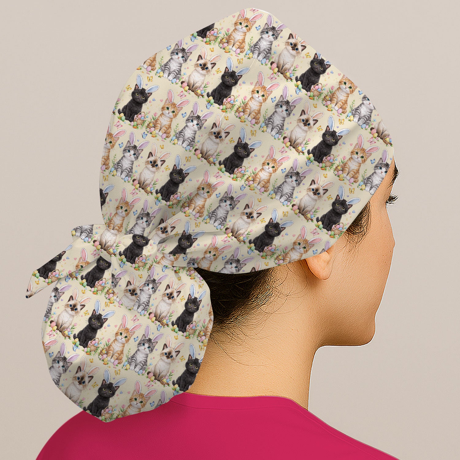 Easter Kitten Bunny Ears Pattern Cap, Bouffant Scrub Caps for Women