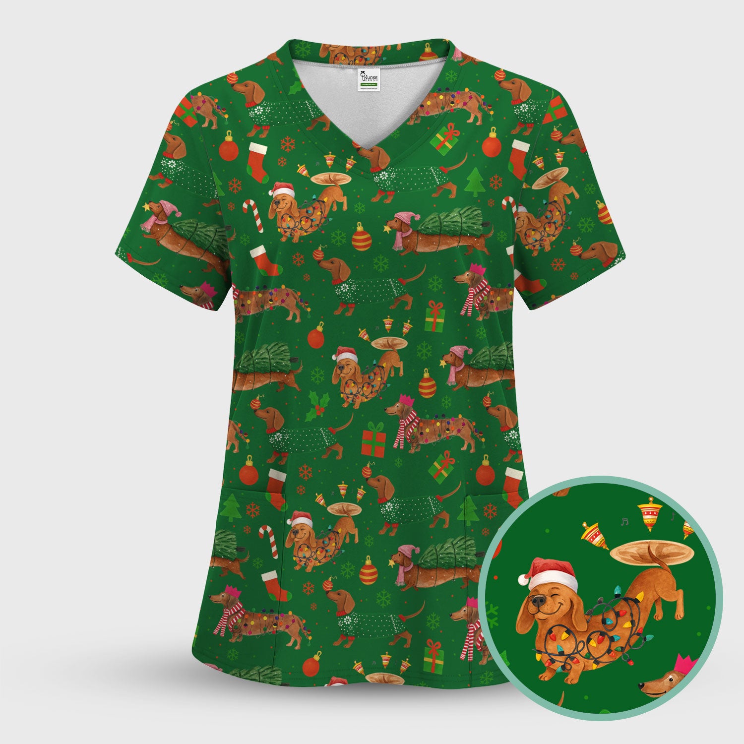 Dachshund Christmas Scrub Shirt - Multi Color Dog Print Scrubs - Funny Holiday Scrubs Gift for Women Men, Nurse, CNA, RN