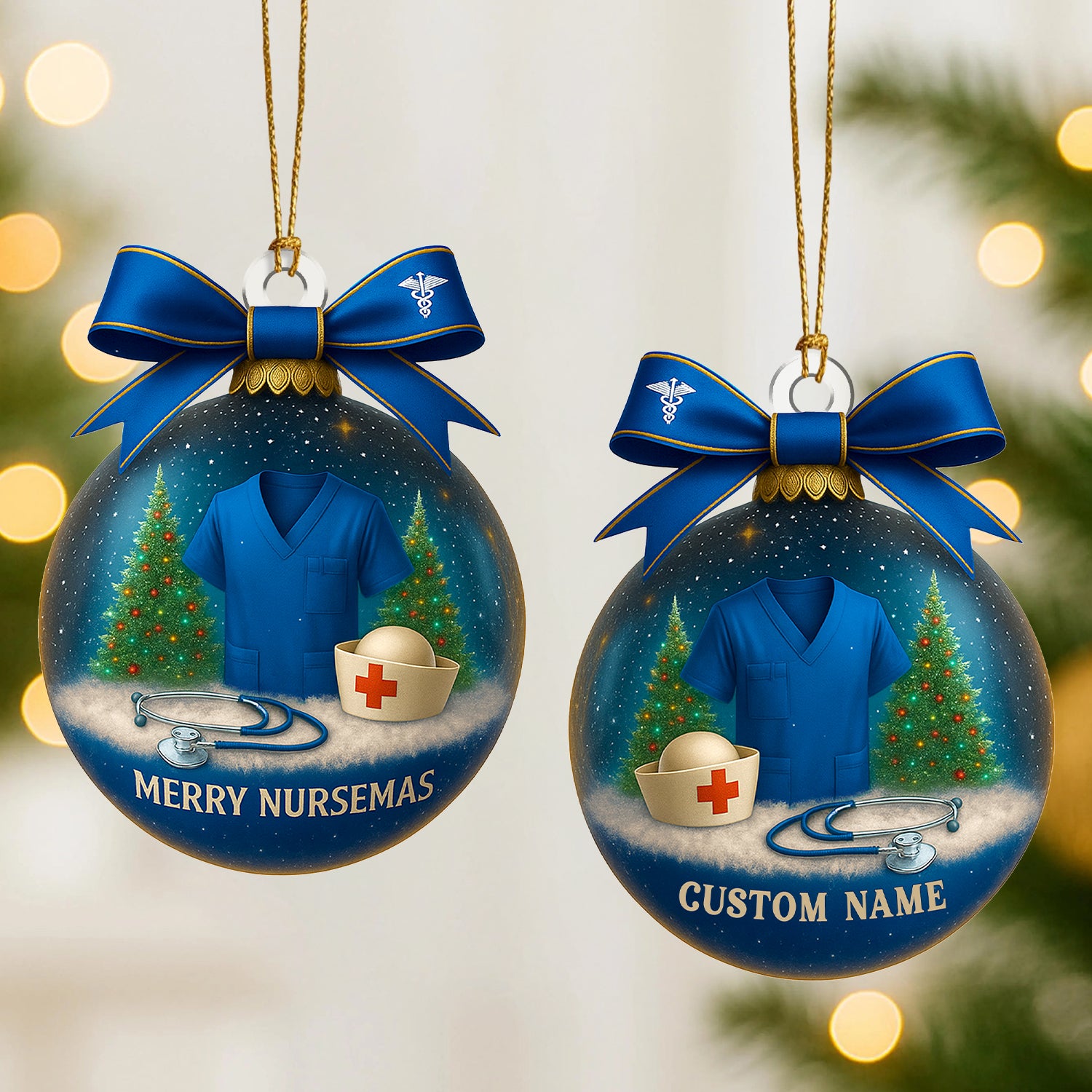 Custom Name Nurse Ornament, Blue Scrub Christmas Ornament With Bow, Merry Nursemas Medical Ornament, Holiday Gift for RN And Doctor