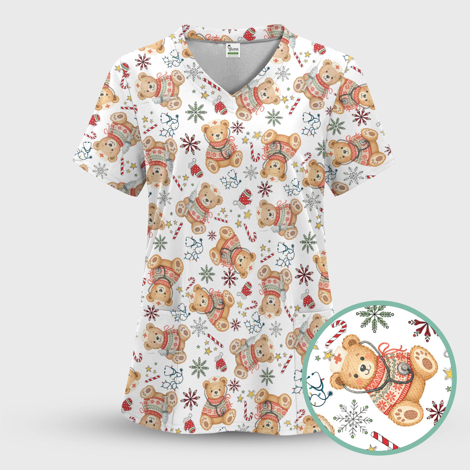 Holiday Teddy Bear Christmas Nurse Scrub - Cute Festive Medical Shirt for Women - Nursing Uniform Gift RN LPN CNA