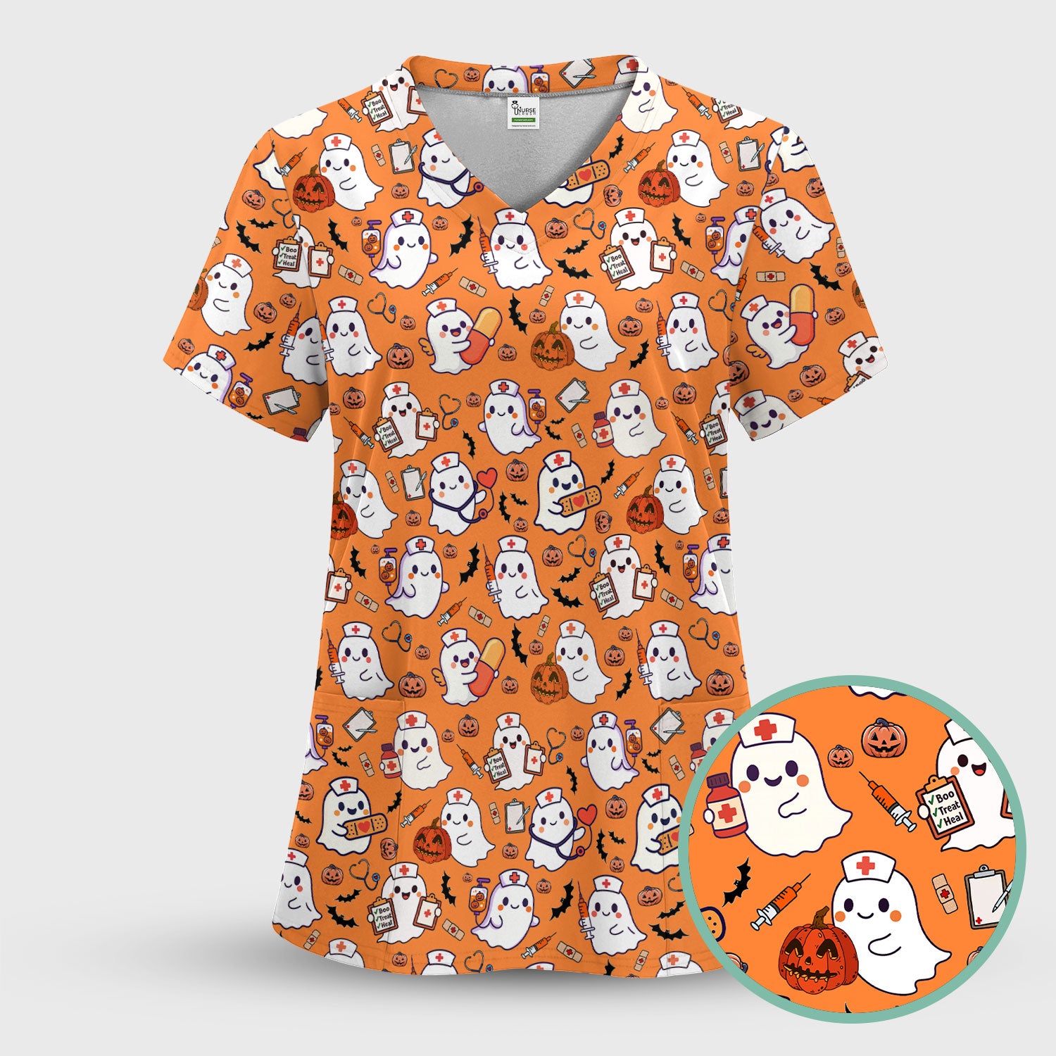 Women's Scrub Sets Halloween Gift - Comfortable Scrubs for Nurses - Pumpkin Ghost Scrub Pants and V Neck Top