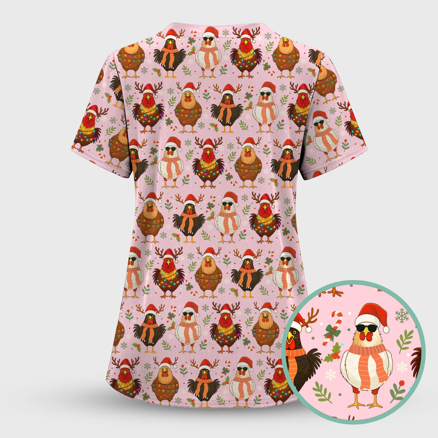 Funny Chicken Scrubs for Women - Christmas Pattern Scrub Top & Pants - Christmas Scrubs with Adorable Design