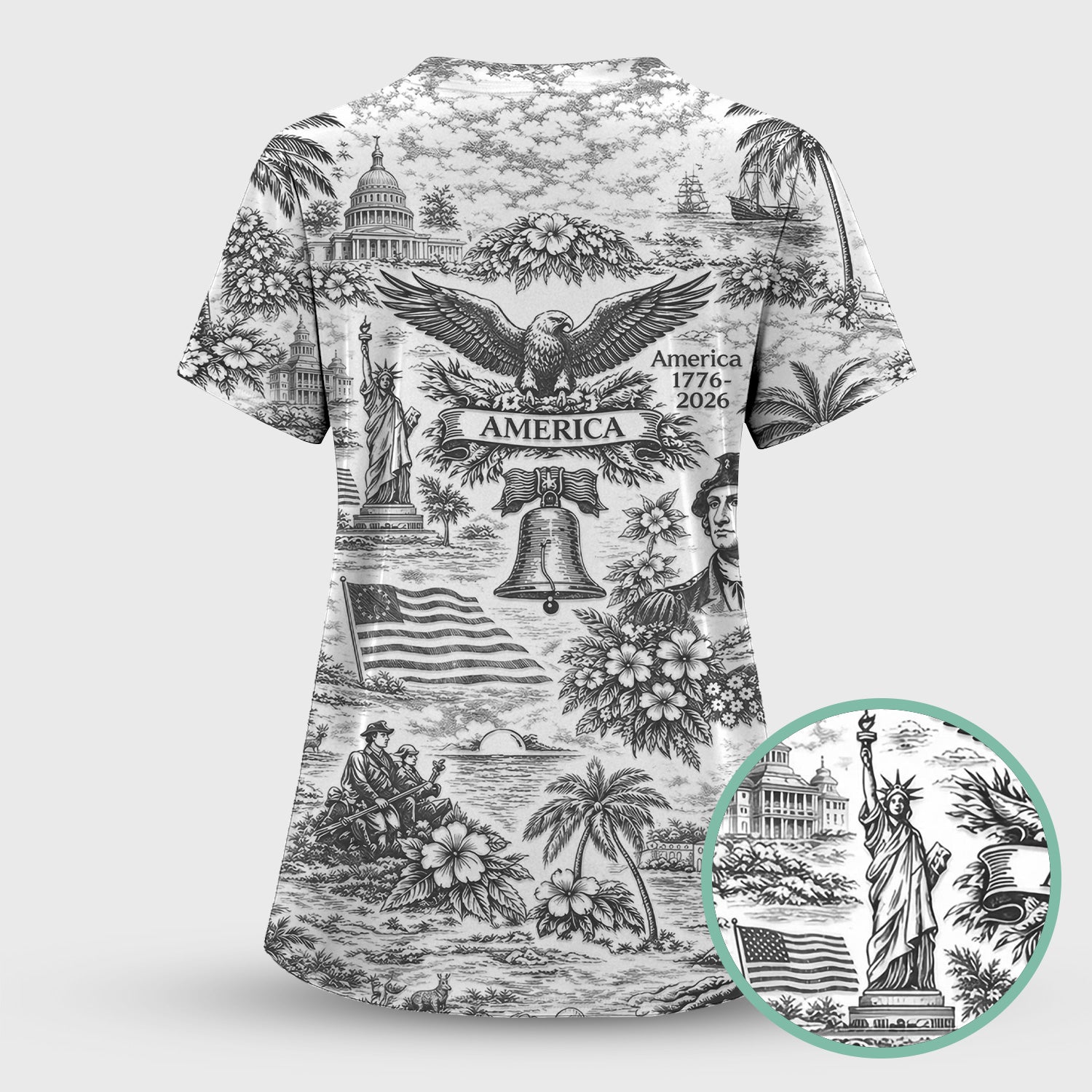 Patriotic America Heritage Toile Pattern Scrub Top, Breathable Fabrics Nursing Uniform