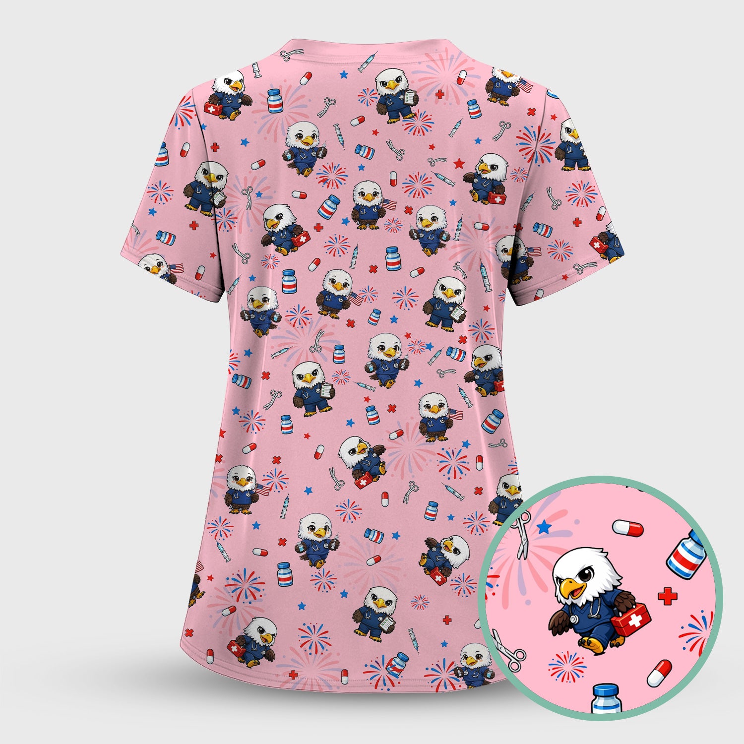 Patriotic Nurse Eagle Fireworks Medical Pattern Scrub Set, Women's Scrub Sets