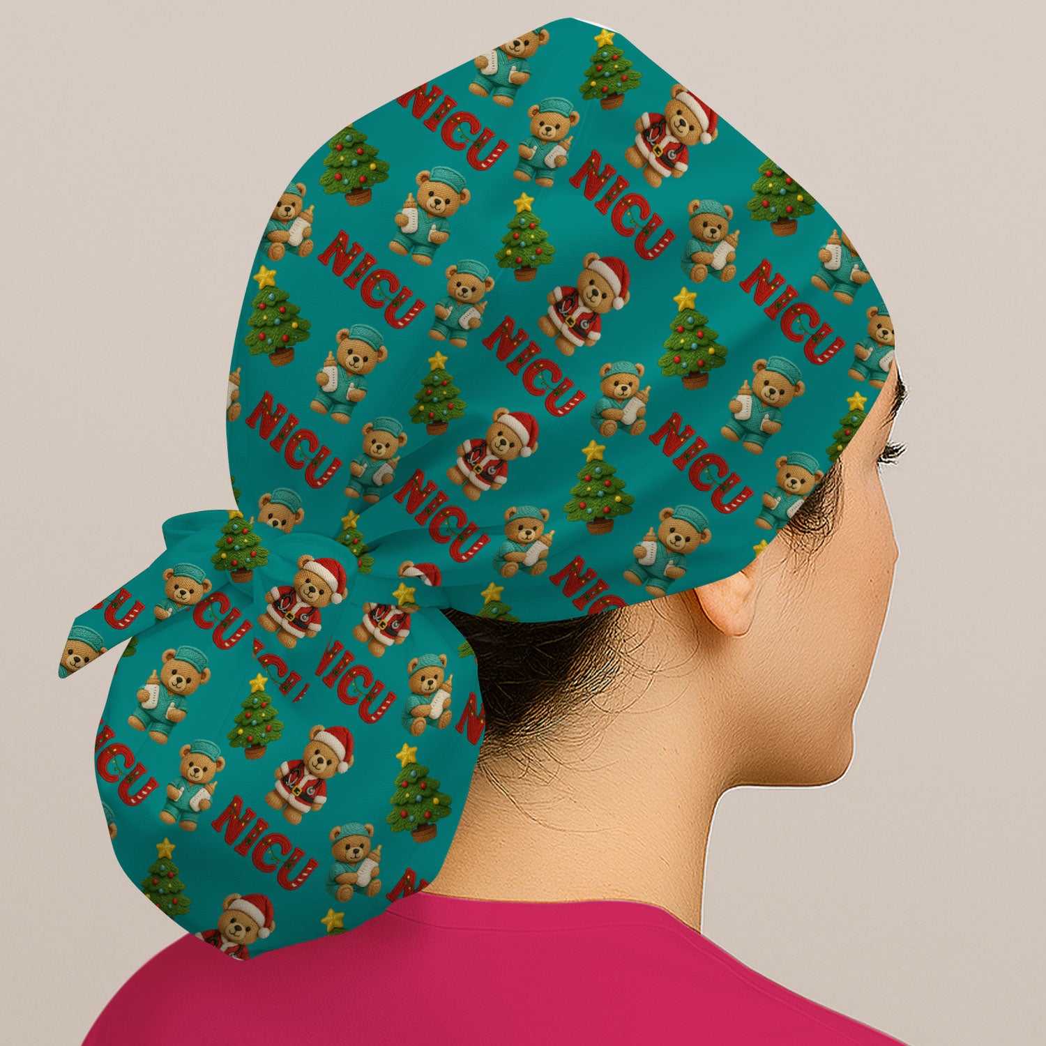 Festive Christmas NICU Nurse Teddy Bear Pattern Print Cap, Bouffant Scrub Caps for Women