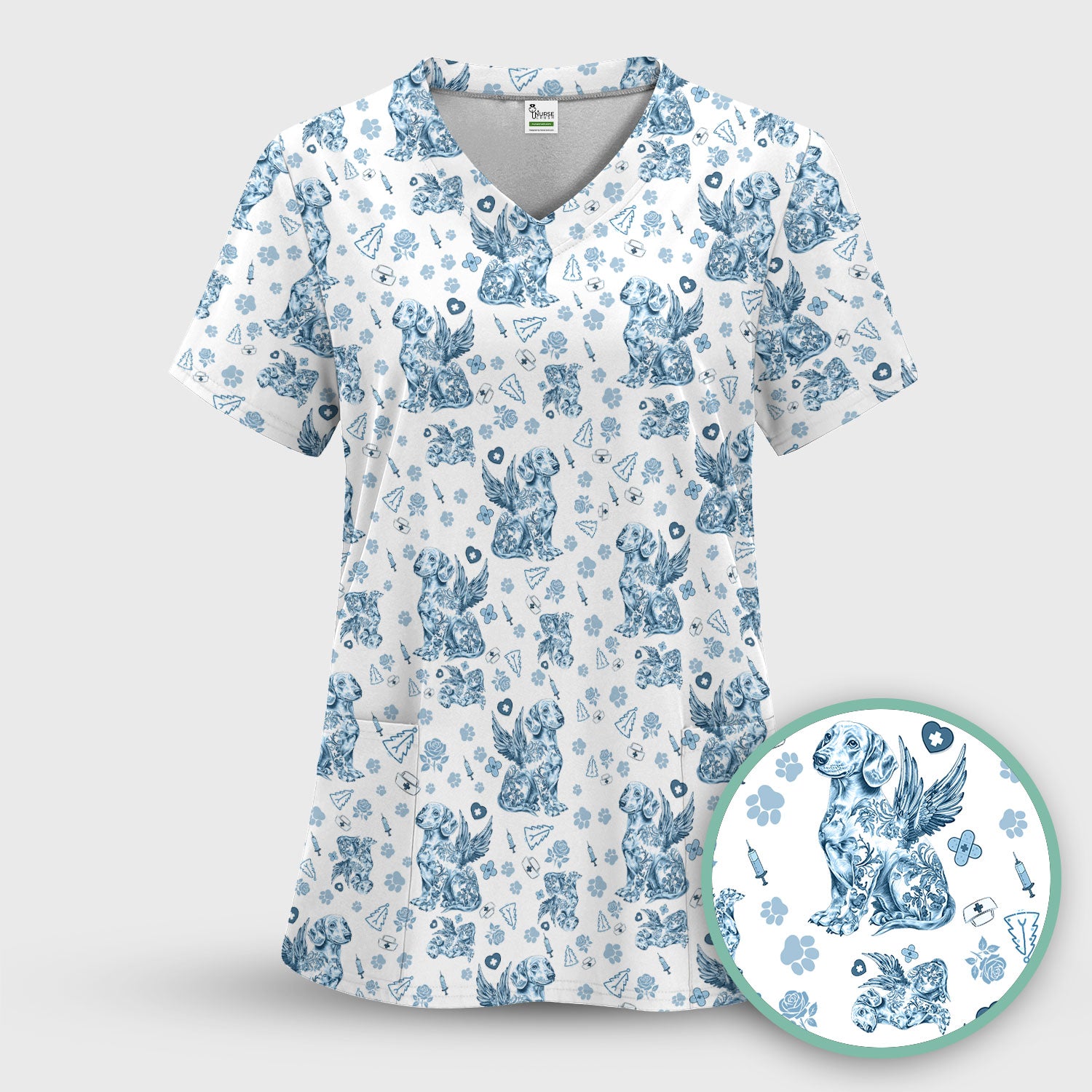 Toile de Jouy Dachshund Angel Scrub Top - Blue Vintage Dog Nurse Shirt - Memorial Christmas Gift