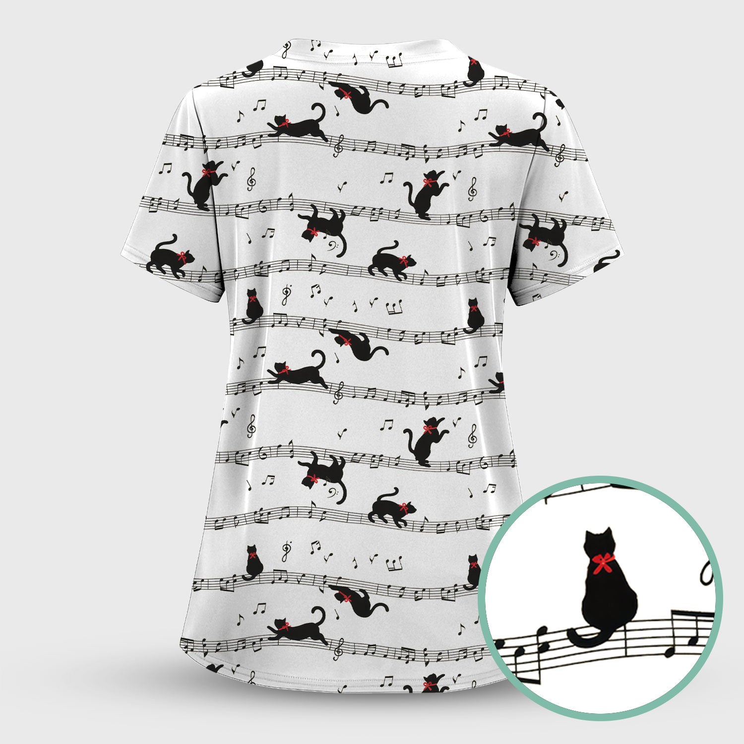 Cute Dancing Black Cat Music Staff Pattern Scrub Top, Comfortable Scrubs for Nurses
